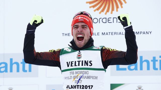 LAHTI, FINLAND - FEBRUARY 24: Johannes Rydzek of Germany wins the gold medal during the FIS Nordic World Ski Championships Men's Nordic Combined HS100/10k on February 24, 2017 in Lahti, Finland. (Photo by Giovanni Auletta/Agence Zoom)