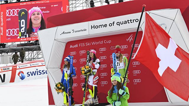 LENZERHEIDE, SWITZERLAND - JANUARY 26: Marta Bassino of Italy takes 2nd place, Wendy Holdener of Switzerland takes 1st place, Ana Bucik of Slovenia takes 3rd place during the Audi FIS Alpine Ski World Cup Women's Combined on January 26, 2018 in Lenzerheide, Switzerland. (Photo by Alain Grosclaude/Agence Zoom)