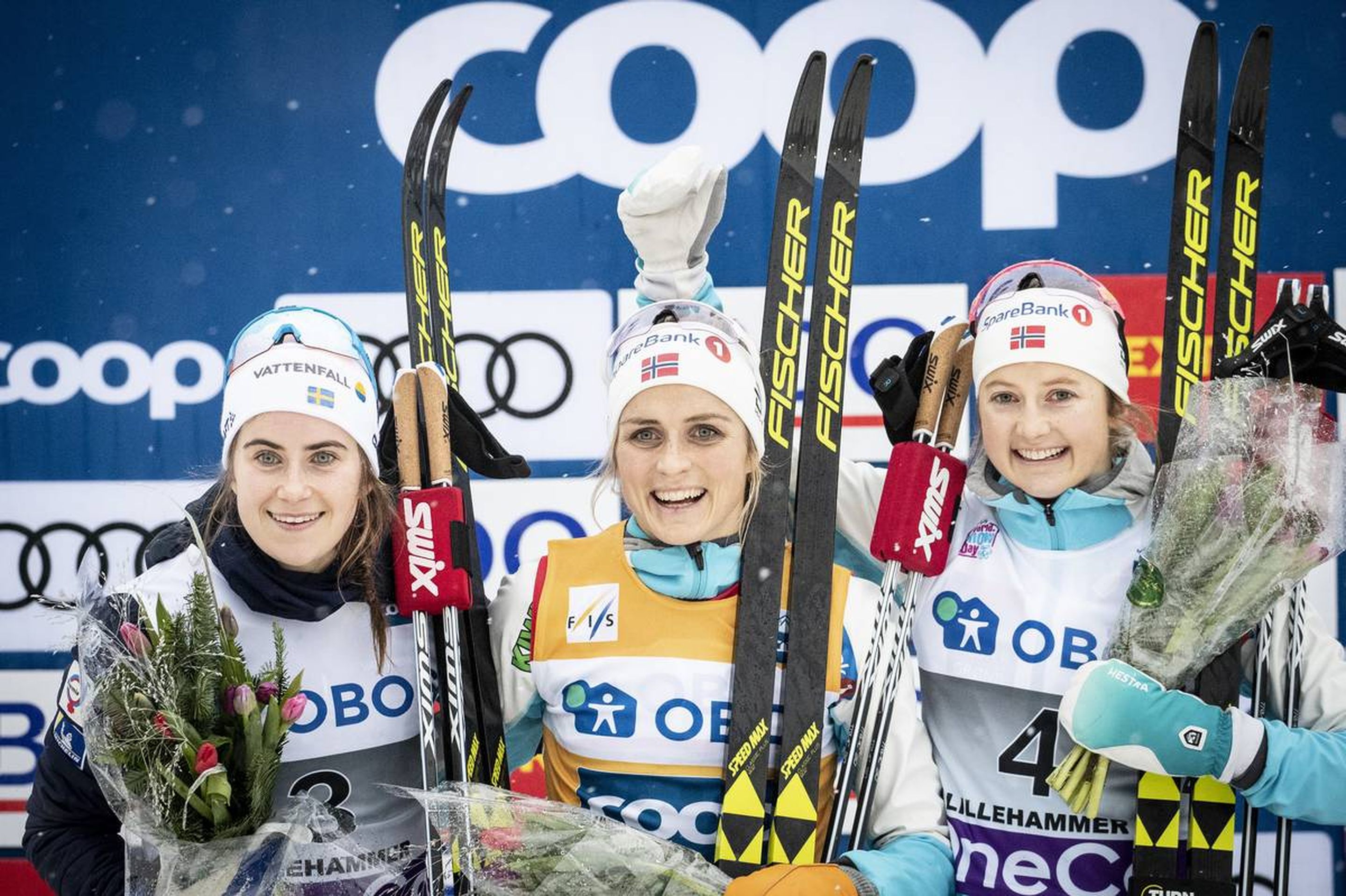 The ladies podium with Ebba Andersson, Therese Johaug and Ingvild Flugstad Oestberg