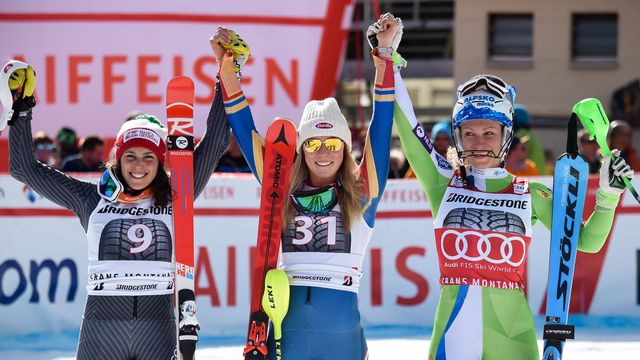 CRANS MONTANA, SWITZERLAND - FEBRUARY 26: Federica Brignone of Italy takes 2nd place, Mikaela Shiffrin of USA takes 1st place, Ilka Stuhec of Slovenia takes 3rd place during the Audi FIS Alpine Ski World Cup Women's Alpine Combined on February 26, 2017 in Crans Montana, Switzerland (Photo by Michel Cottin/Agence Zoom)