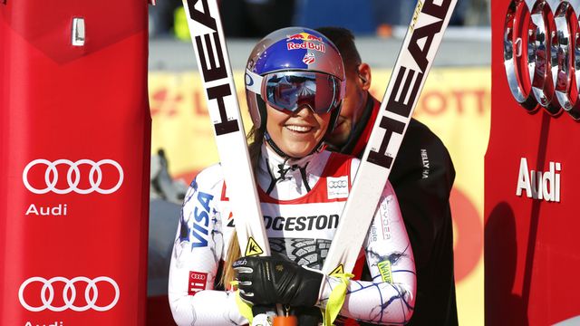GARMISCH-PARTENKIRCHEN, GERMANY - JANUARY 06: Lindsey Vonn of USA celebrates during the Audi FIS Alpine Ski World Cup WomenÕs Downhill on January 06, 2016 in Garmisch-Partenkirchen, Germany. (Photo by Christophe Pallot/Agence Zoom)