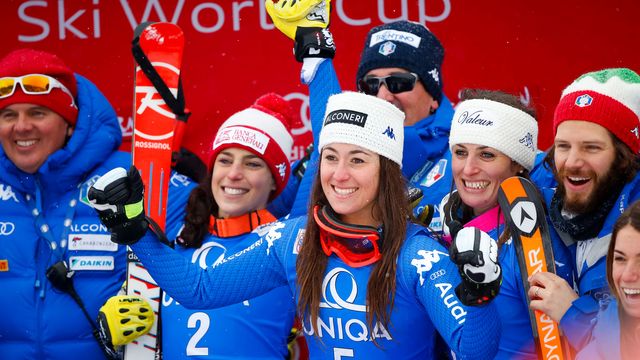 BAD KLEINKIRCHHEIM, AUSTRIA - JANUARY 14: Federica Brignone of Italy takes 2nd place, Sofia Goggia of Italy takes 1st place, Nadia Fanchini of Italy takes 3rd place during the Audi FIS Alpine Ski World Cup Women's Downhill on January 14, 2018 in Bad Kleinkirchheim, Austria. (Photo by Christophe Pallot/Agence Zoom)