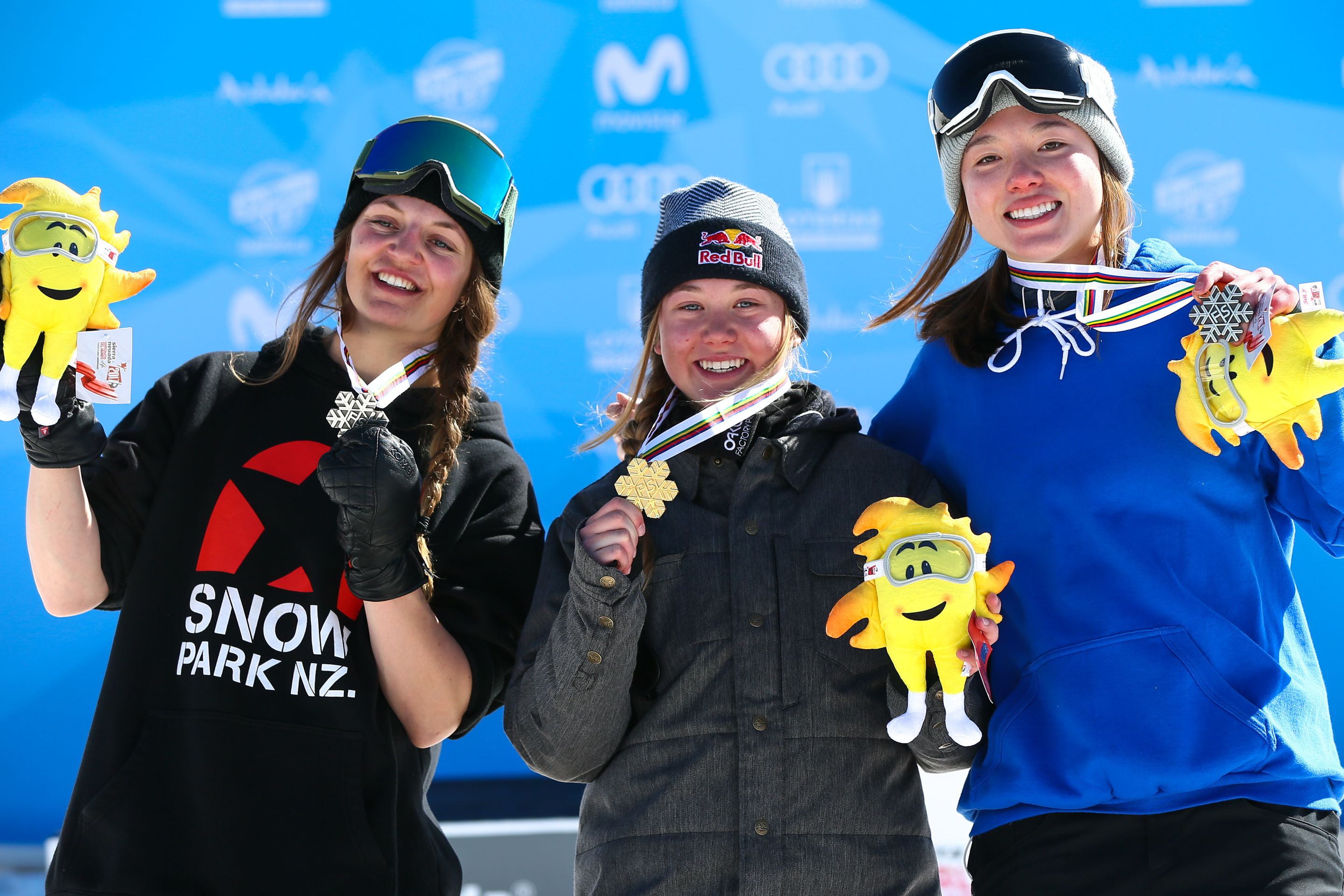 SIERRA NEVADA, SPAIN Ð MARCH 19: Tess Ledeux of France wins the gold medal, Emma Dahlstrom of Sweden wins the silver medal, Isabel Atkin of Great Britain wins the bronze medal during the FIS Freestyle Ski & Snowboard World Championships Slopestyle (FS) on March 19, 2017 in Sierra Nevada, Spain (Photo by Laurent Salino/Agence Zoom)