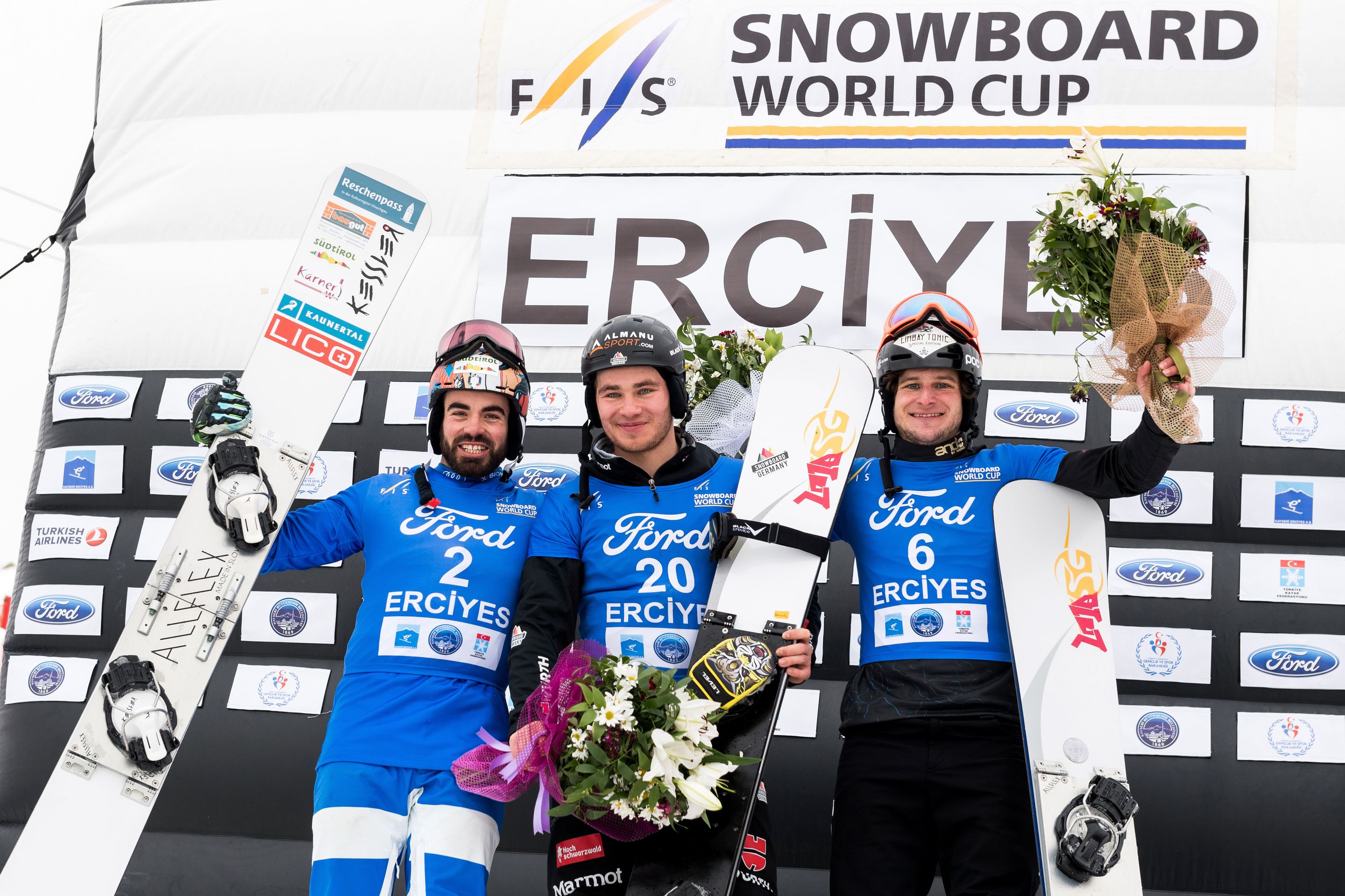 FIS Snowboard World Cup - Kayseri TUR - PGS - Men's podium with 2nd CORATTI Edwin ITA, 1st BAUMEISTER Stefan GER and 3rd MASTNAK Tim SLO © Miha Matavz/FIS
