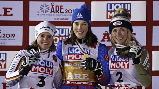 ARE, SWEDEN - FEBRUARY 14: Viktoria Rebensburg of Germany wins the silver medal, Petra Vlhova of Slovakia wins the gold medal, Mikaela Shiffrin of USA wins the silver medal during the FIS World Ski Championships Women's Giant Slalom on February 14, 2019 in Are Sweden. (Photo by Hans Bezard/Agence Zoom)