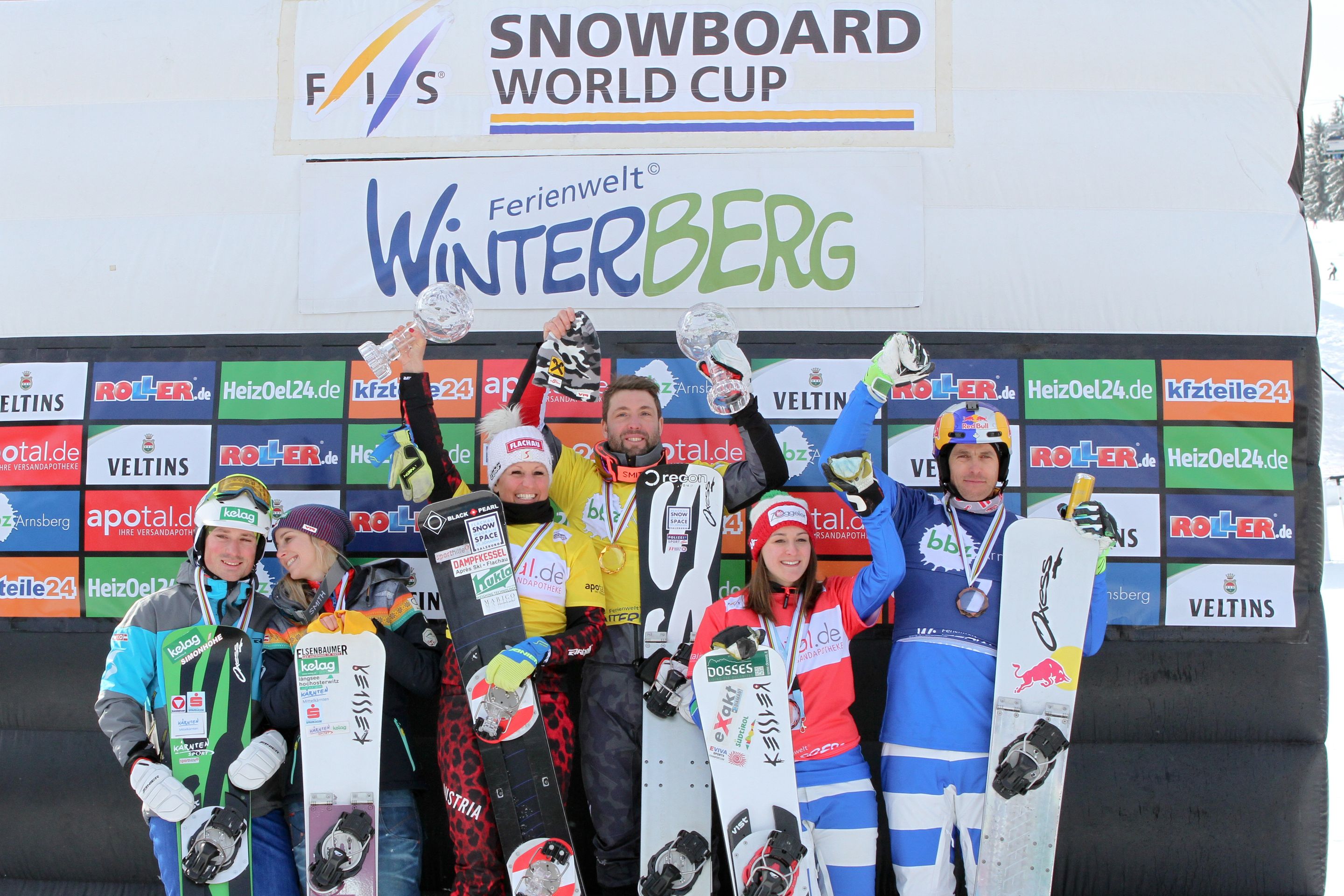 Parallel Team World Cup Standings Podium (f.l.t.r.): 2nd Alexander Payer and Sabine Schoeffmann (AUT), 1st Claudia Riegler and Andreas Prommegger (AUT), 3rd Nadya Ochner and Roland Fischnaller (ITA) © Oliver Kraus