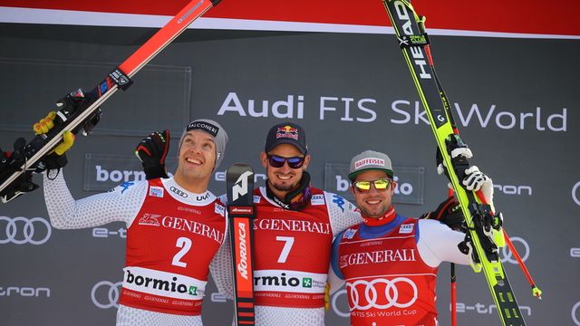 BORMIO, ITALY - DECEMBER 28: Dominik Paris of Italy takes 1st place, Christof Innerhofer of Italy takes 2nd place, Beat Feuz of Switzerland takes 3rd place during the Audi FIS Alpine Ski World Cup Men's Downhill on December 28, 2018 in Bormio Italy. (Photo by Francis Bompard/Agence Zoom)
