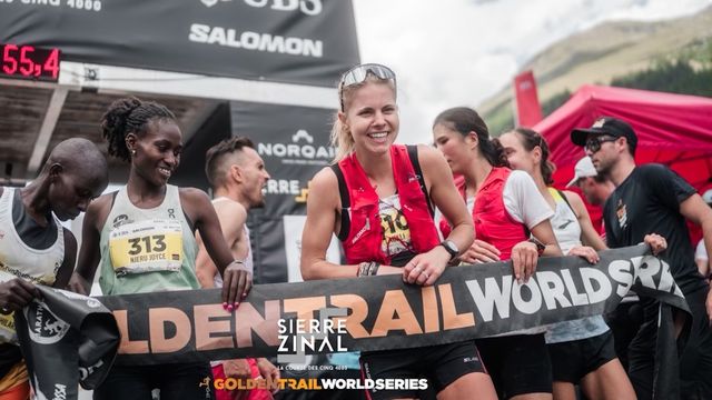 Stifel U.S. Cross Country Ski Team athlete Sophia Laukli at the finish line after winning the 50th edition of the Sierre-Zinal trail race. (@theadventurebakery)