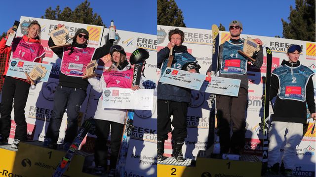 The podiums at the slopestyle World Cup at Font Romeu. Photos: Peirre Mérimée