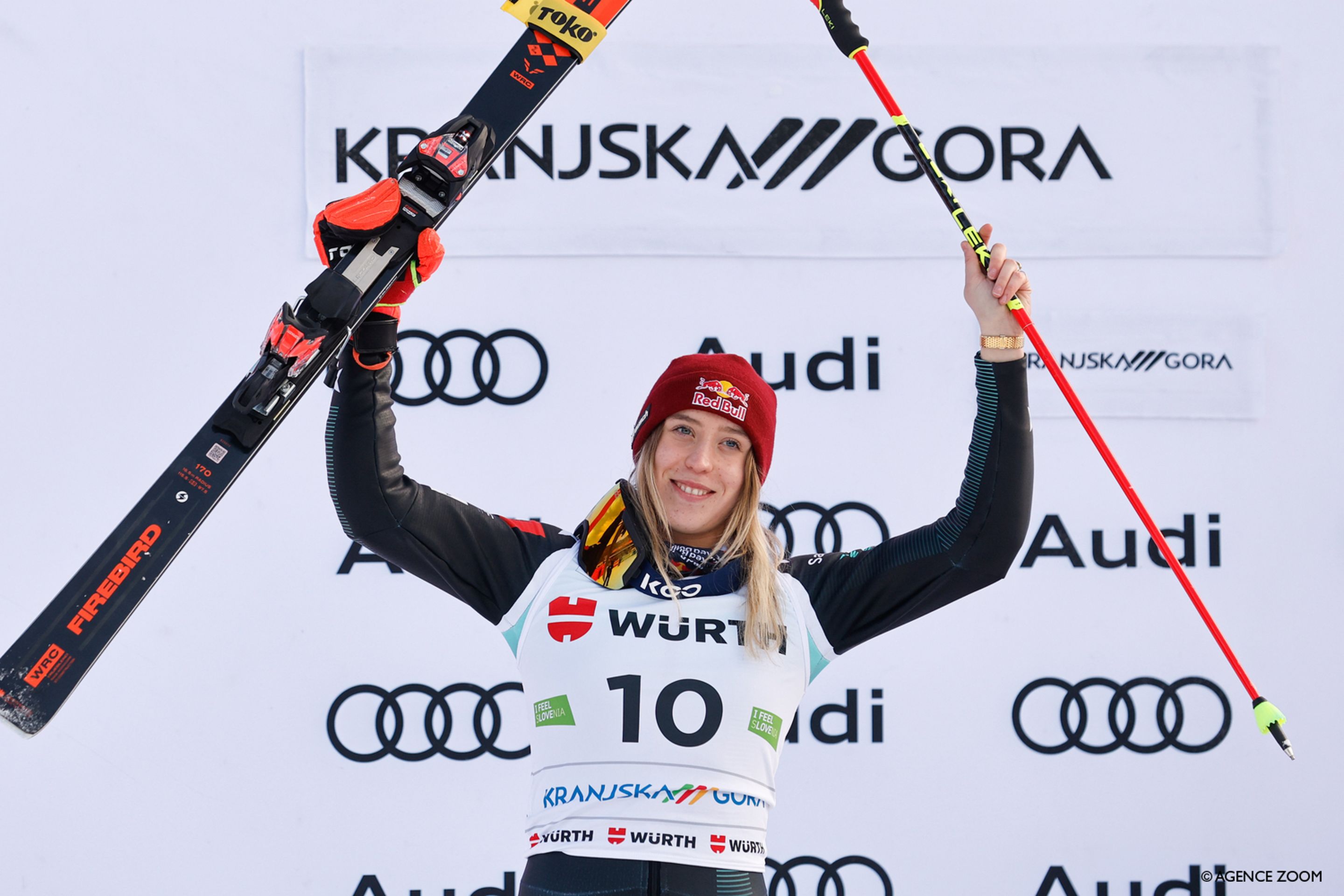 Lara Colturi (ALB/Blizzard) celebrates her second World Cup podium at age 18. ©Agence Zoom