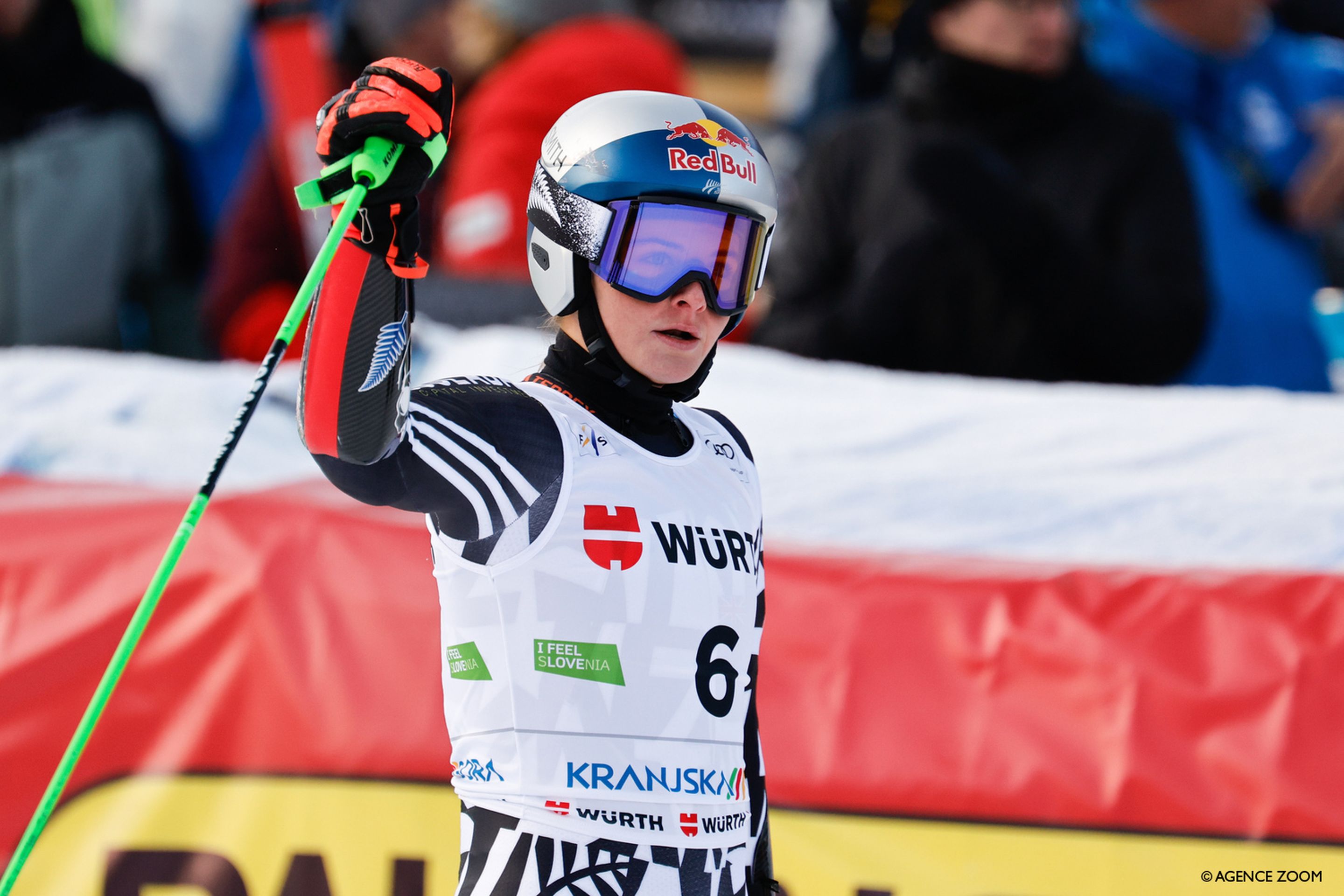 Alice Robinson (NZL/Salomon) reacts after skiing into the lead in Saturday's Giant Slalom in Kranjska Gora. ©Agence Zoom