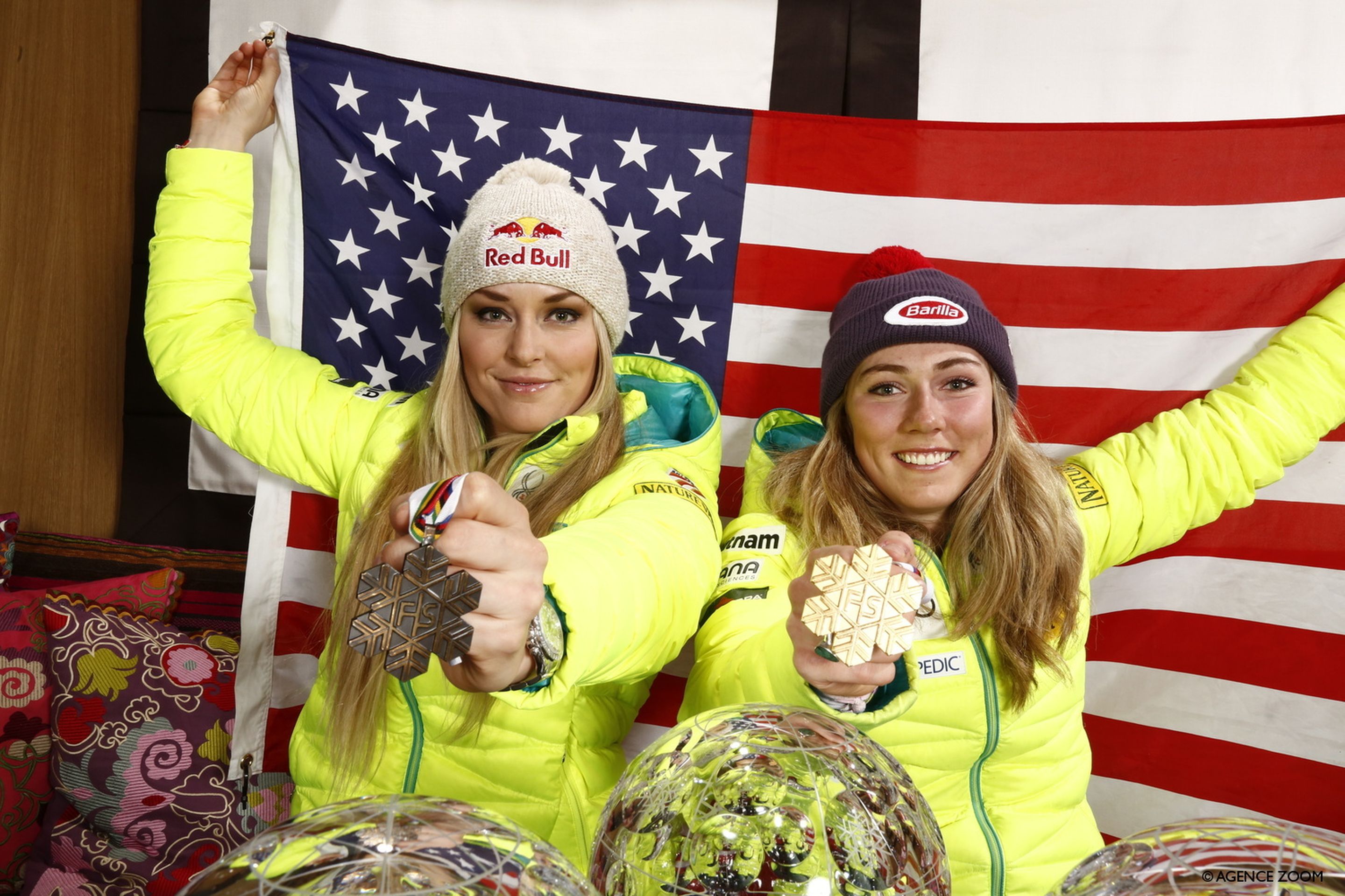 Mikaela Shiffrin (USA/Atomic, right) and Lindsey Vonn (USA/Head, left) in 2015. Either Shiffrin or Vonn holds the record for most women's World Cup wins in each discipline (Shiffrin in Giant Slalom and Slalom; Vonn in Downhill and Super G). ©Agence Zoom