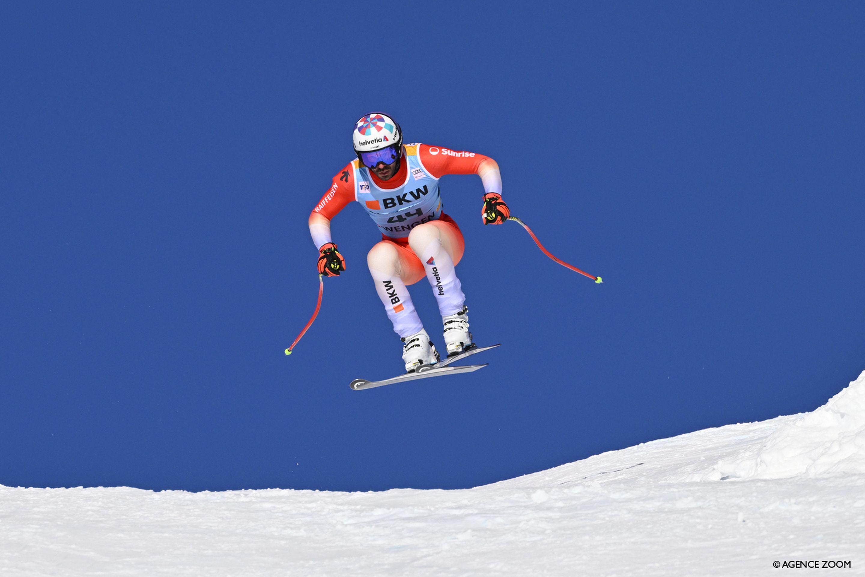 Gilles Roulin (SUI) flying through the air on home snow in Wengen