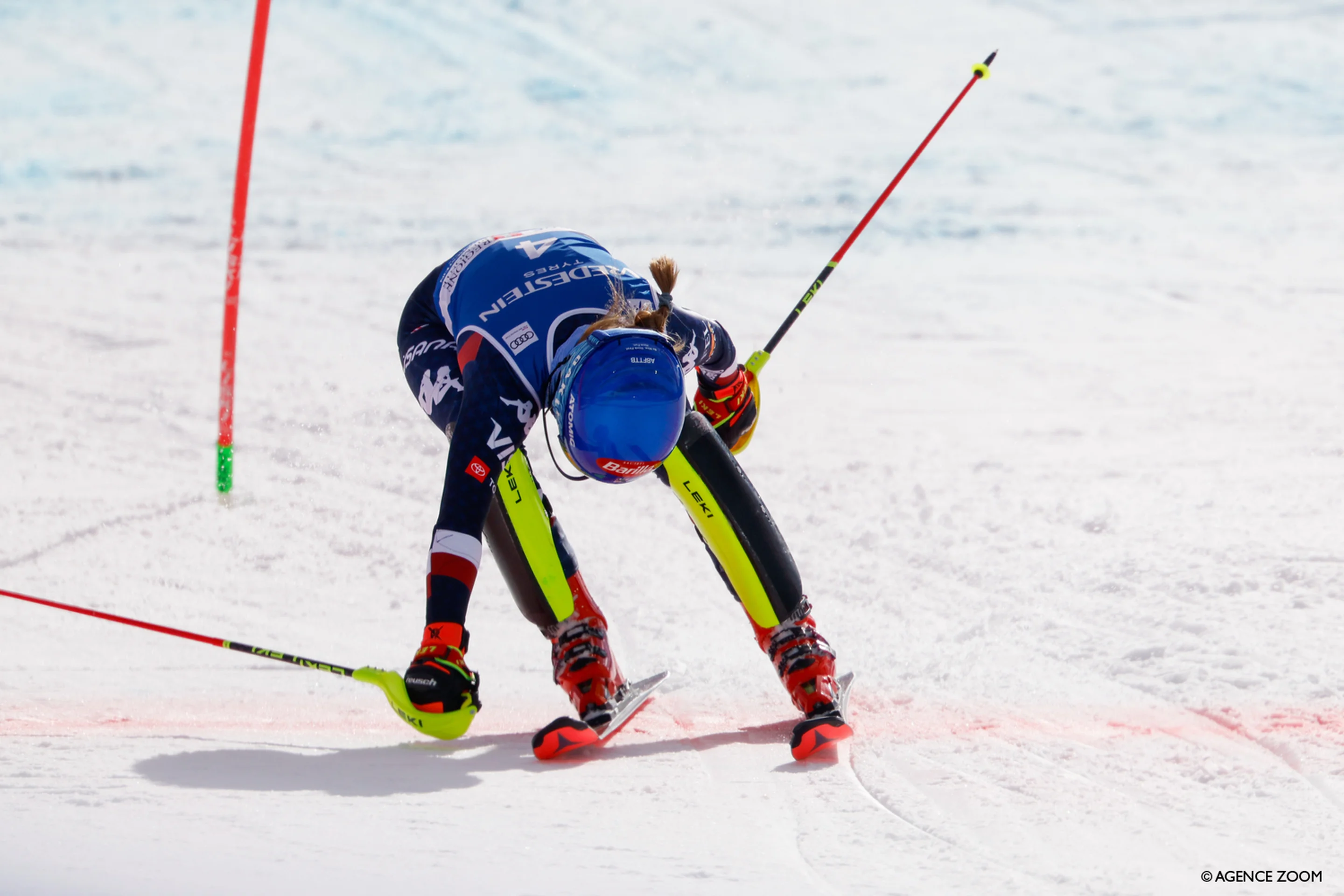 Mikaela Shiffrin (USA/Atomic) crosses the line in Sestriere to record her 100th World Cup victory. © Agence Zoom