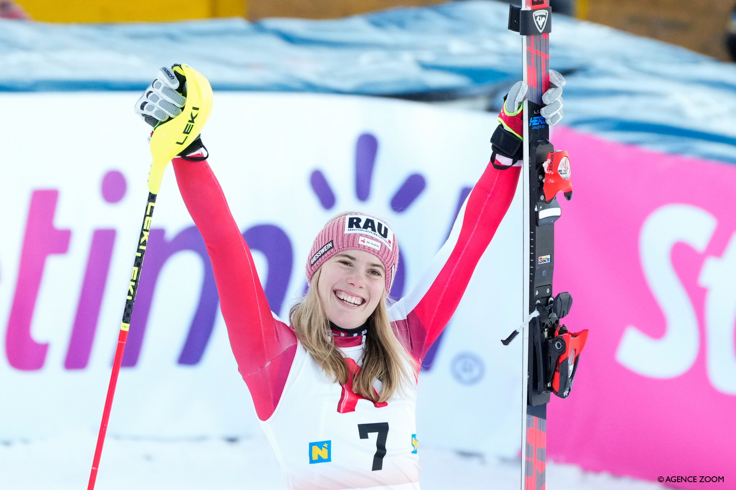 Katharina Liensberger (AUT/Rossignol) celebrates her podium finish after moving up from seventh after the first run. ©Agence Zoom