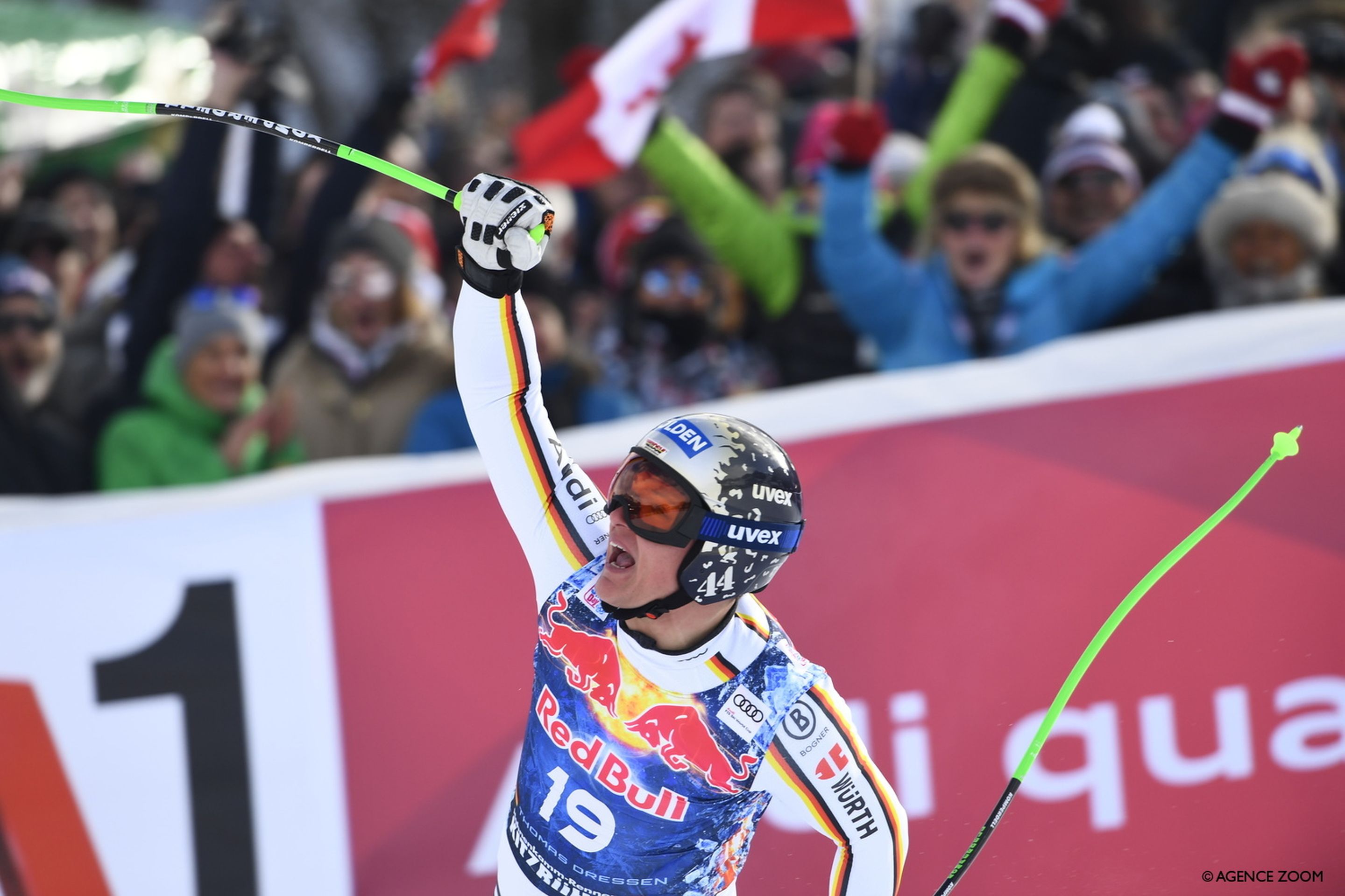 Thomas Dressen (GER) celebrates winning the Kitzbuehel downhill in 2018