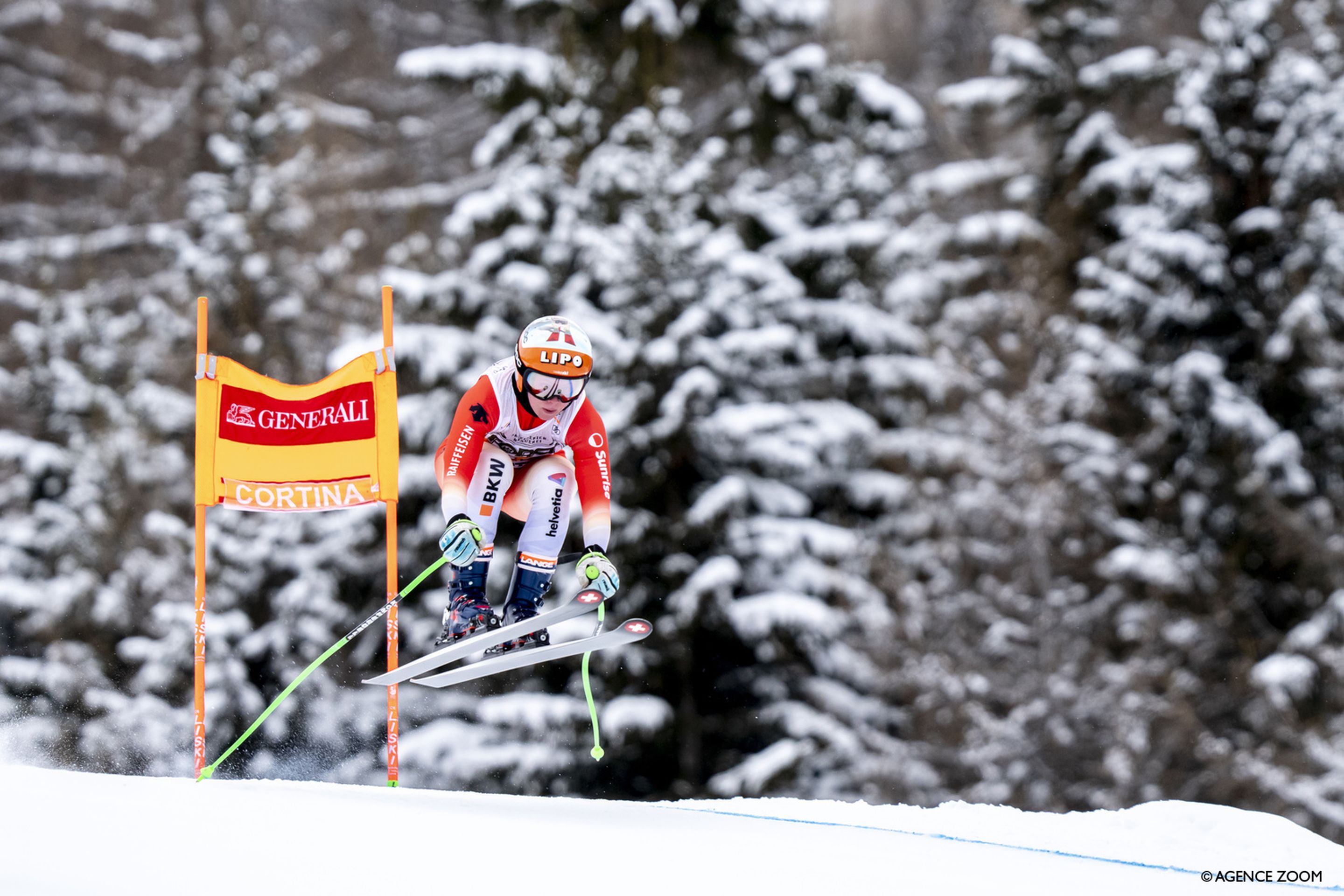 European Cup women's overall leader Janine Schmitt (SUI) competing in a World Cup downhill race in Cortina d'Ampezzo