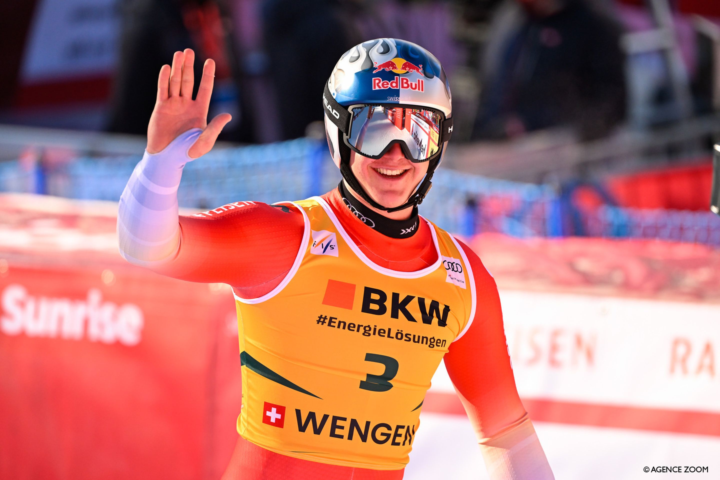 Franjo von Allmen (SUI/Head) waves to the adoring Swiss fans after taking the lead in the Wengen Super G on Friday. ©Agence Zoom