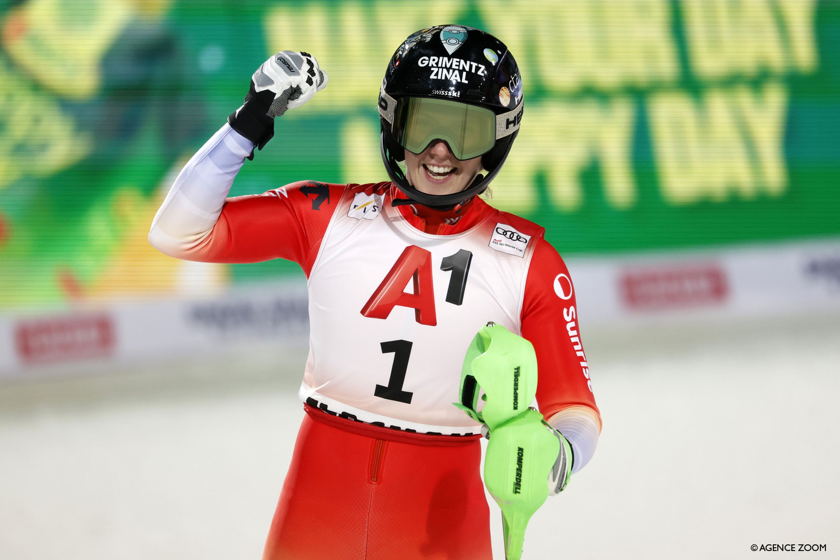 Camille Rast (SUI/Head) reacts after taking the lead in the Flachau Slalom. ©Agence Zoom