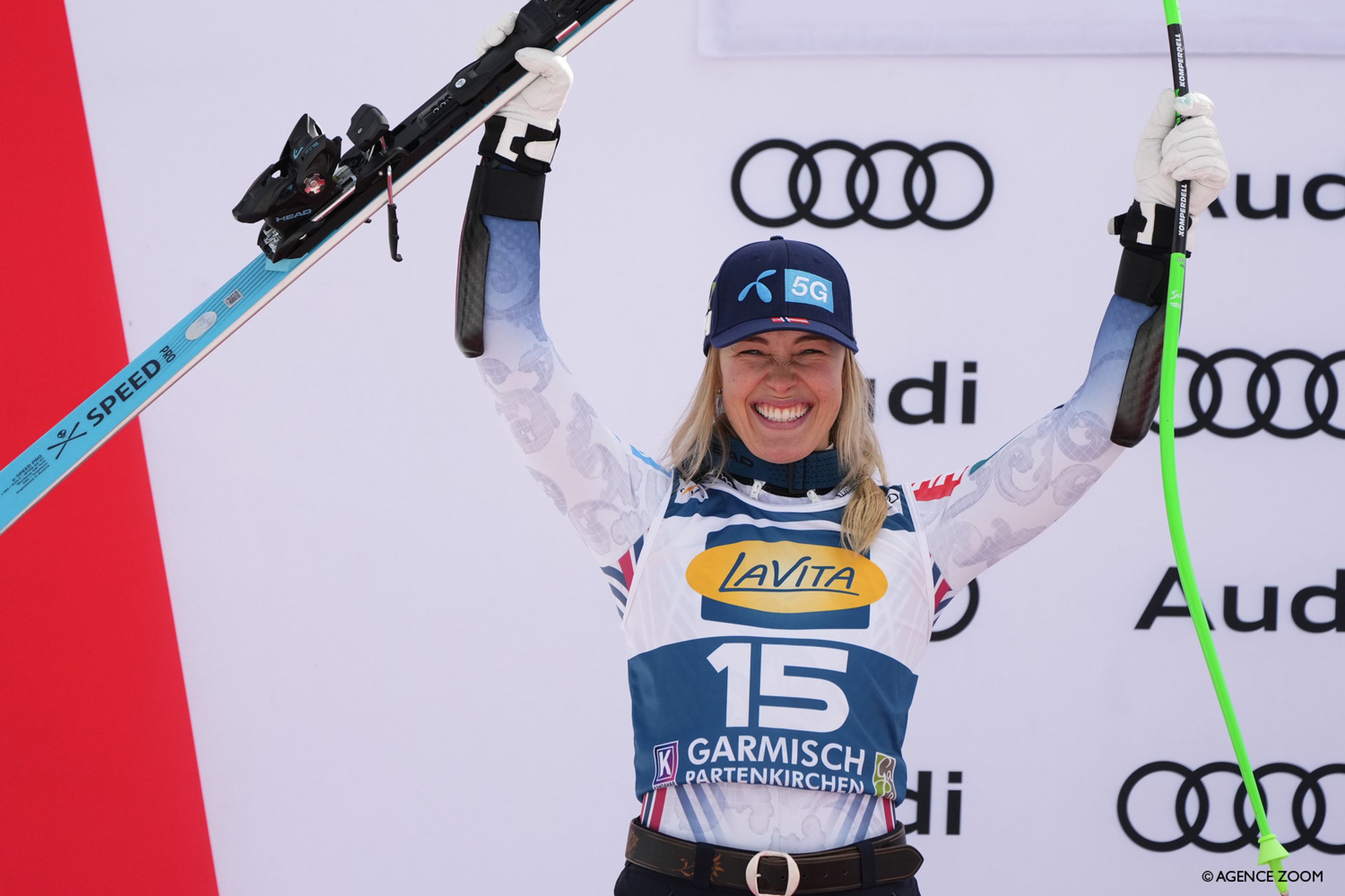 Kajsa Vickhoff Lie (NOR/Head) celebrating her runner-up finish in Garmisch. ©Agence Zoom