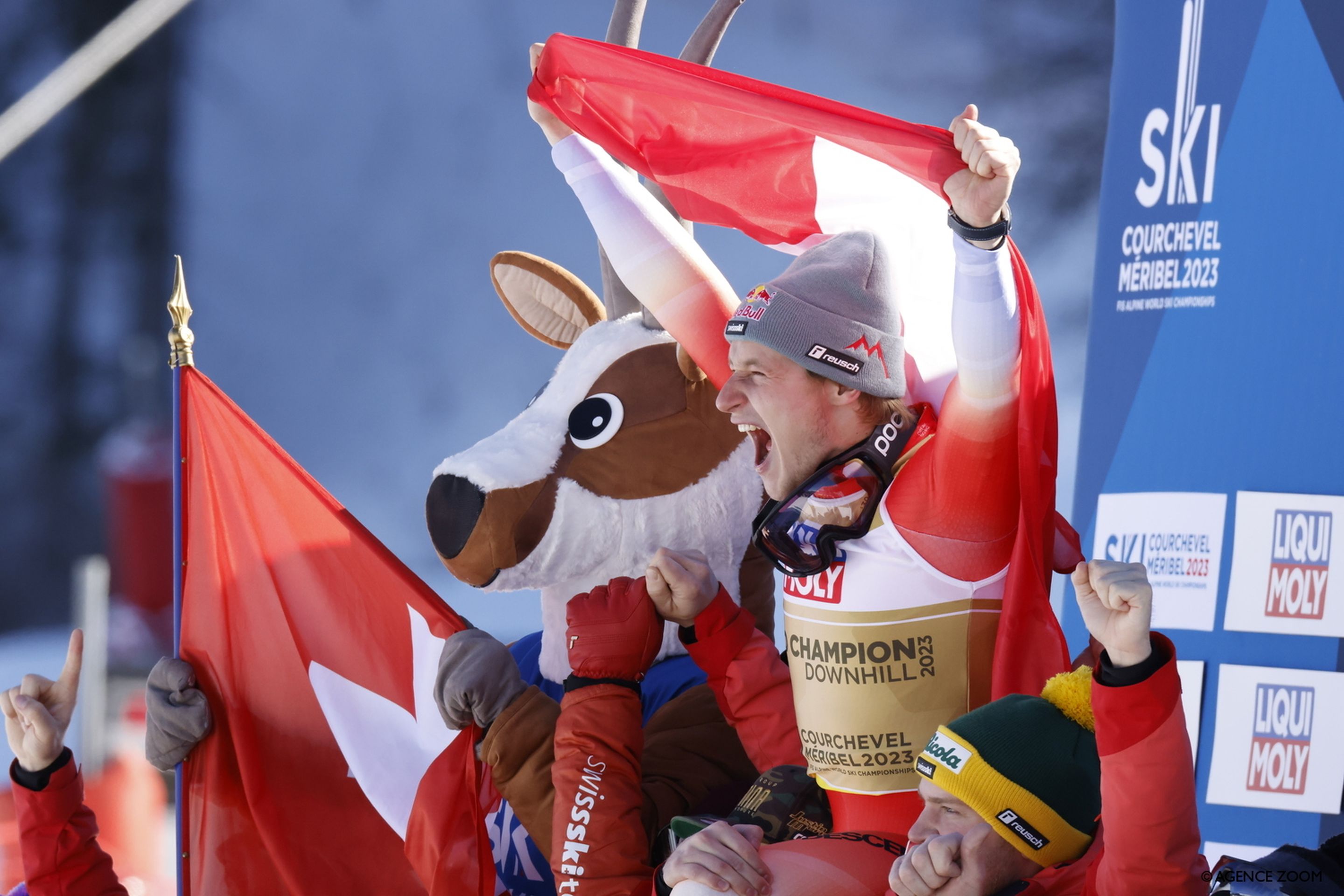 Marco Odermatt winning Downhill World Championship gold in 2023