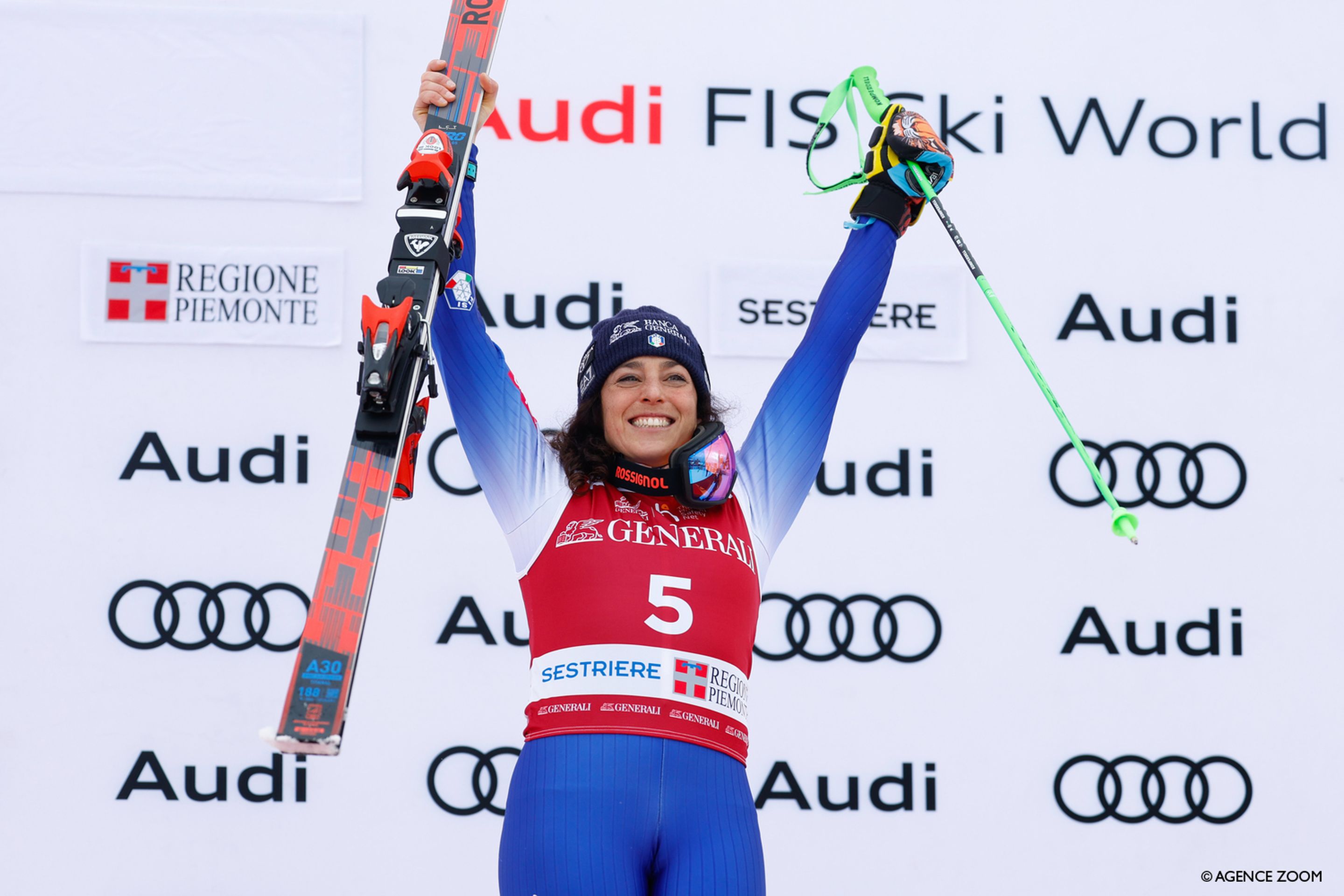 The 34-year-old Brignone celebrates her 34th World Cup victory. © Agence Zoom