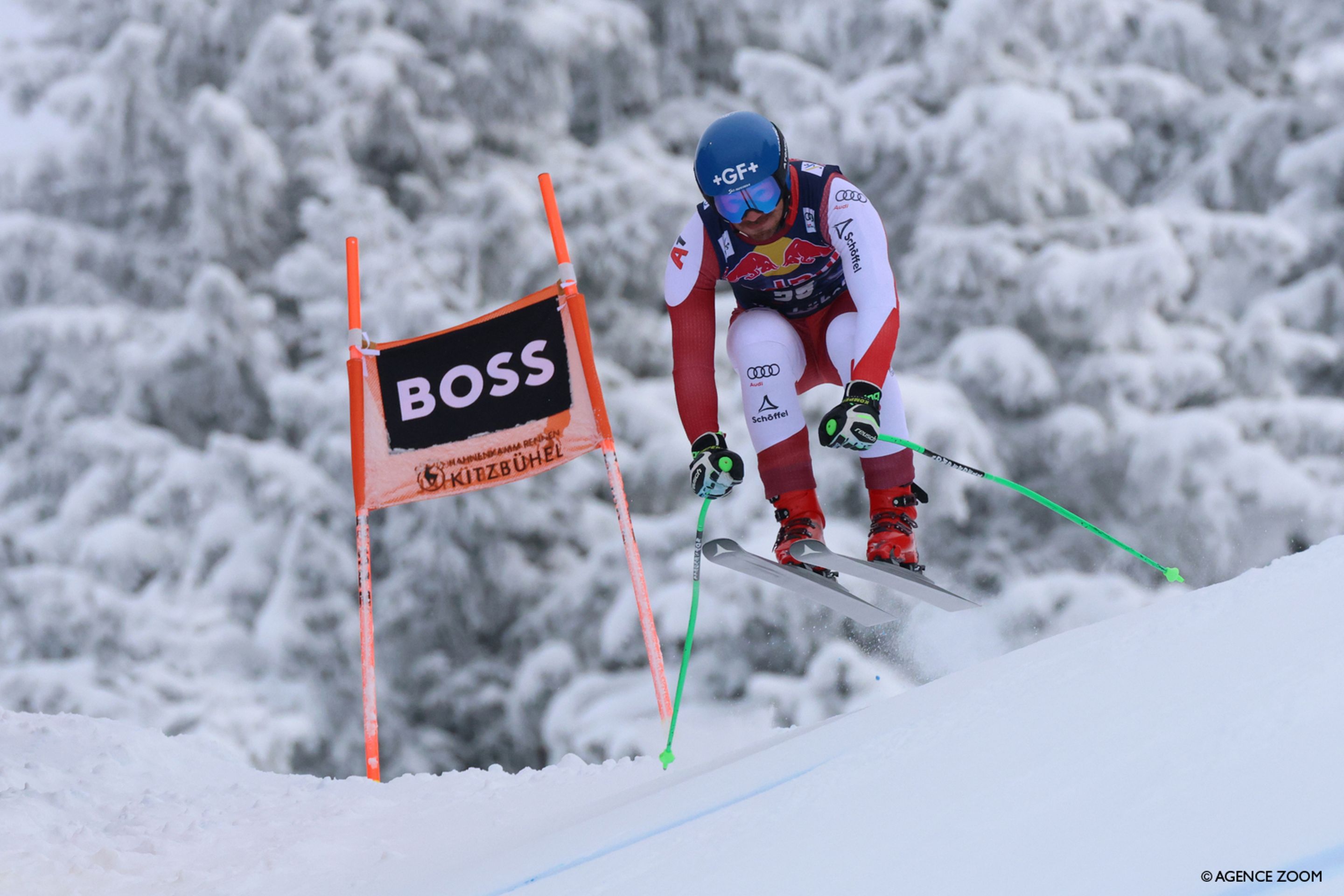Manuel Traninger (AUT) in downhill training on the famous Streif course in Kitzbuehel