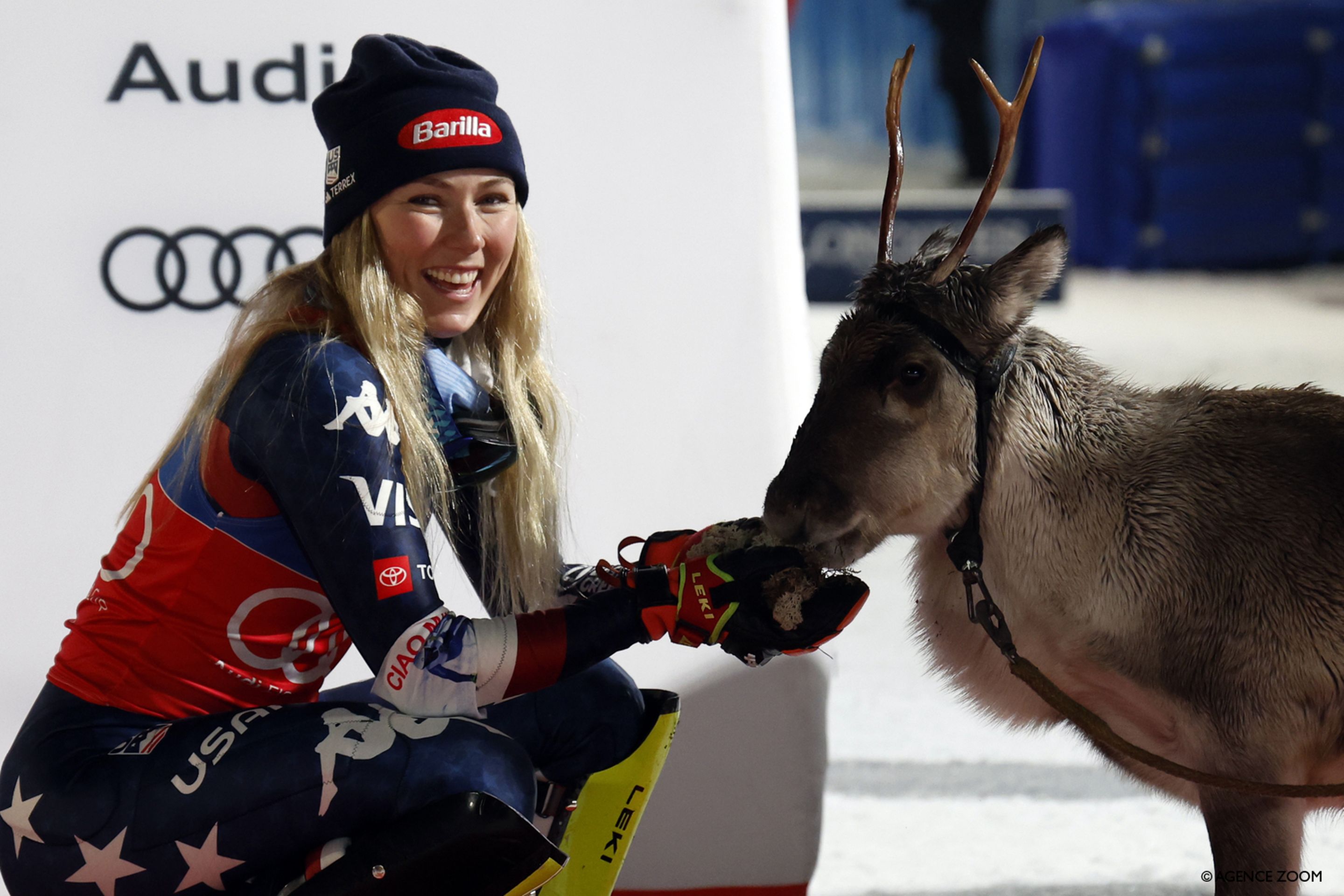 Shiffrin with her eighth reindeer from all her Slalom victories in Levi, Finland, in November 2024.