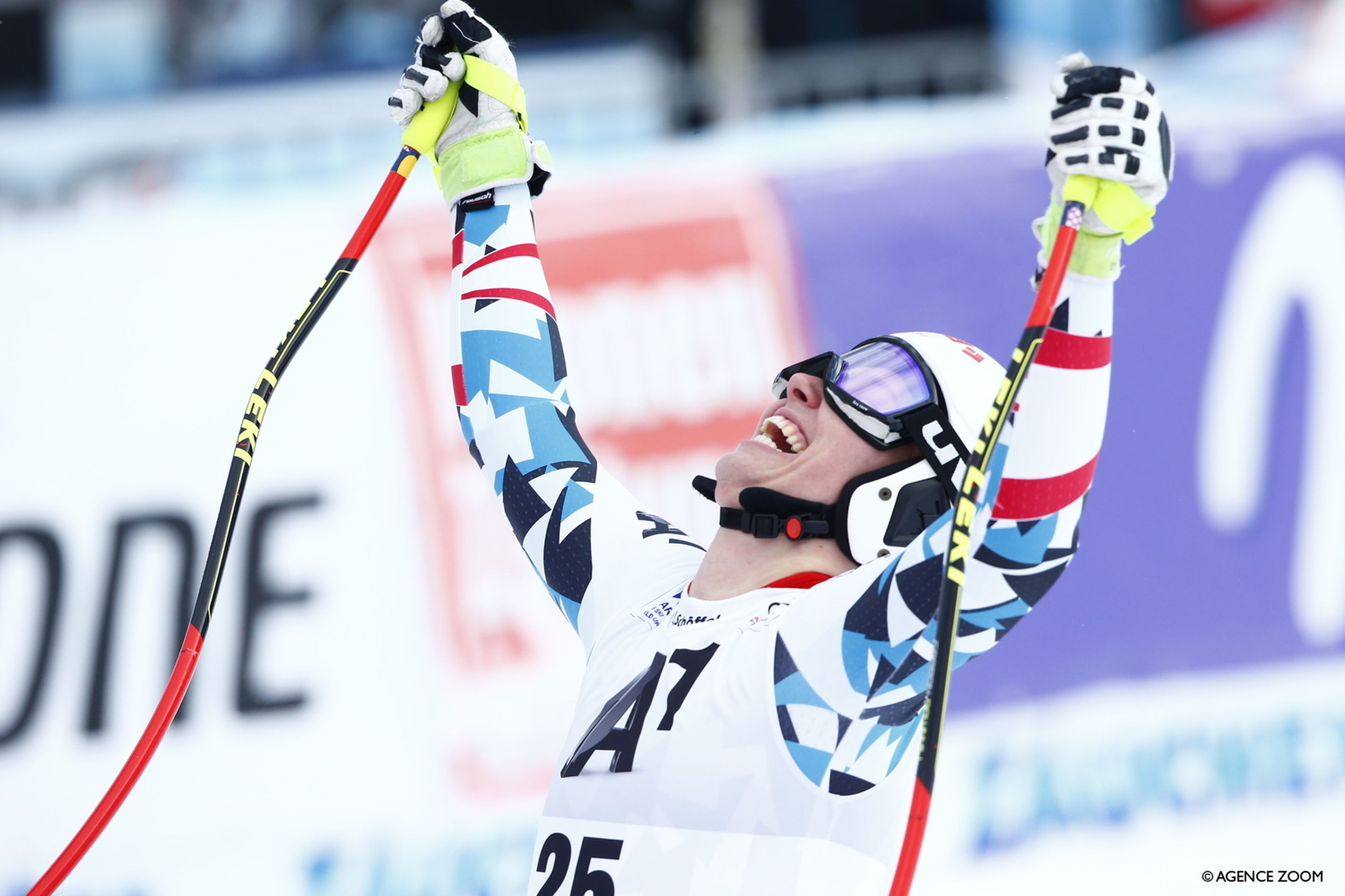 Christine Scheyer (AUT) celebrating her World Cup downhill win in Altenmarkt in 2017