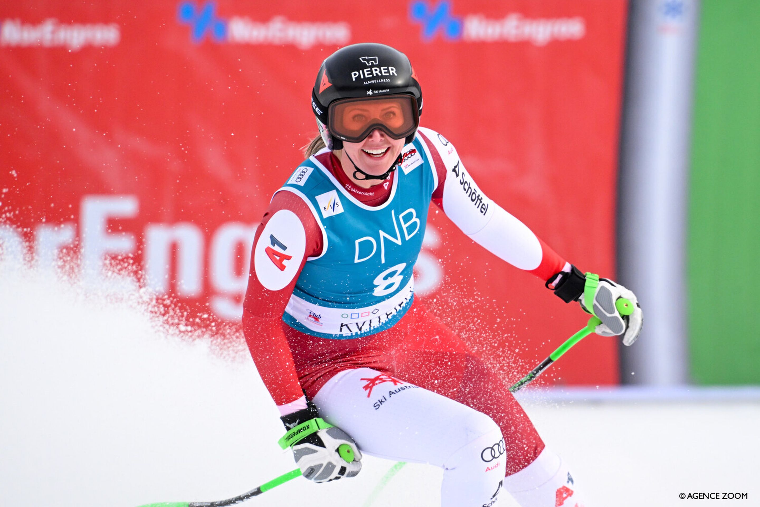 Conny Hütter (AUT/Head) is all smiles after claiming her fourth Downhill podium of the season. © Agence Zoom