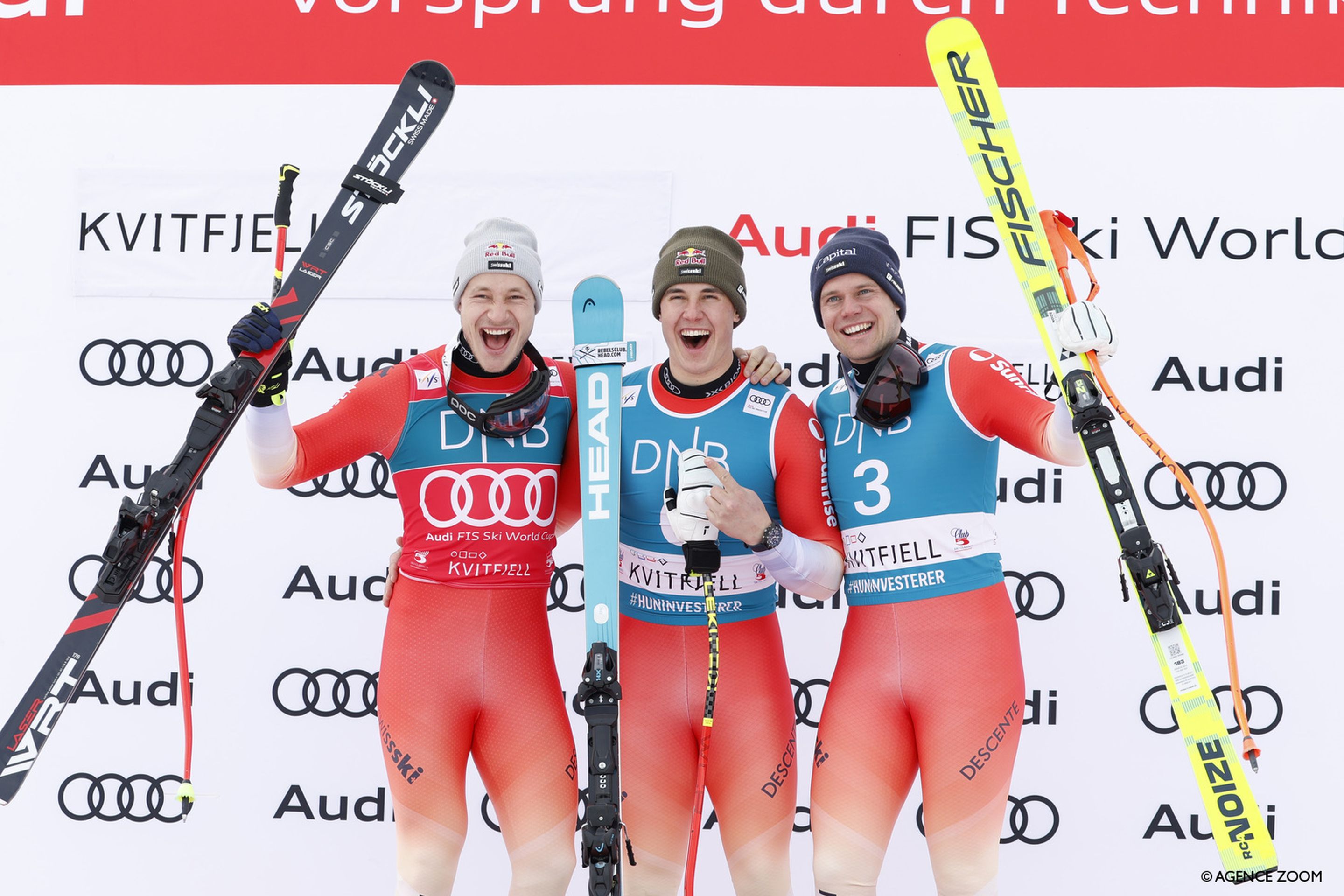 Switzerland swept a World Cup Downhill podium for the second time this season. © AgenceZoom