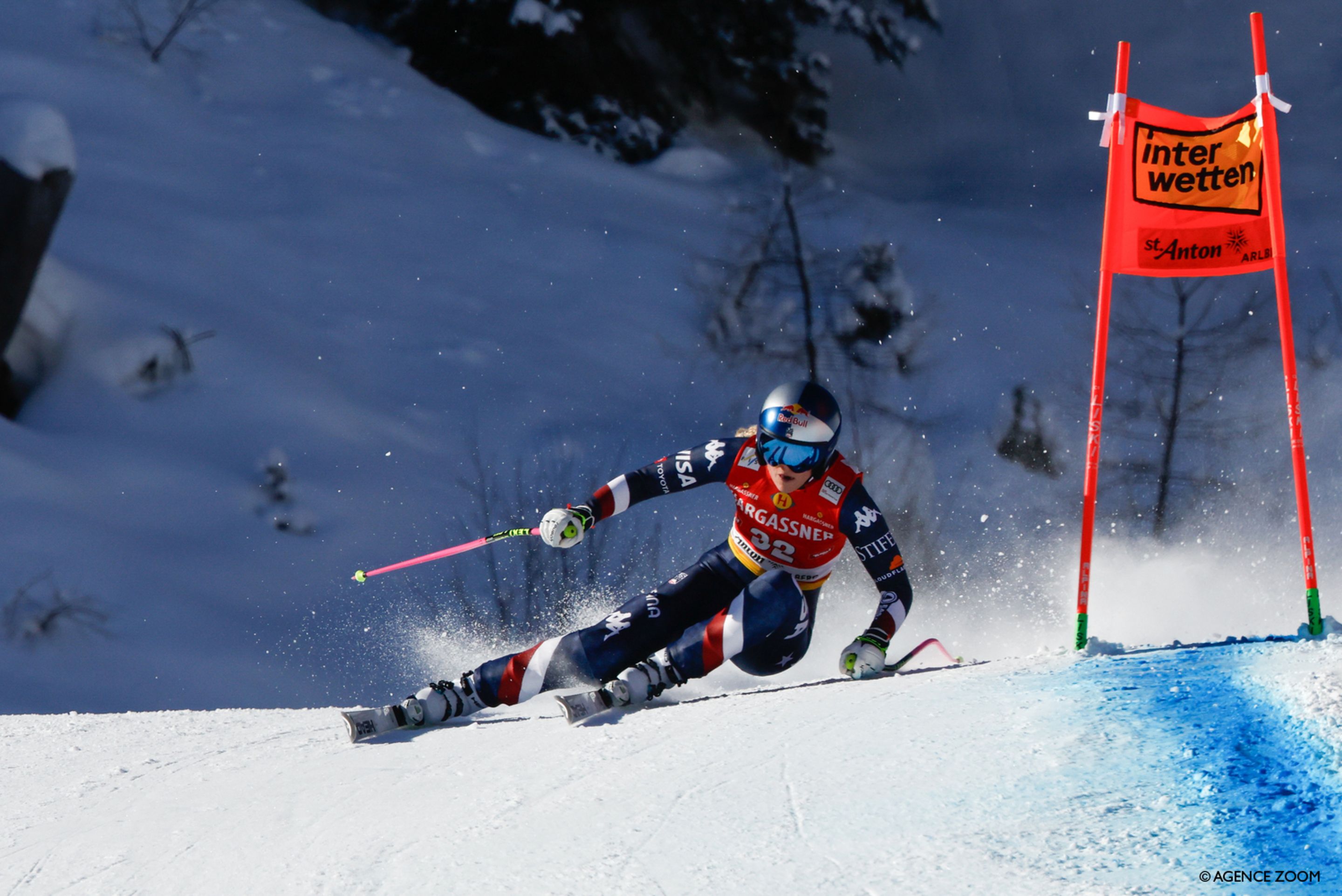 Lindsey Vonn skiing downhill in St Anton 2025