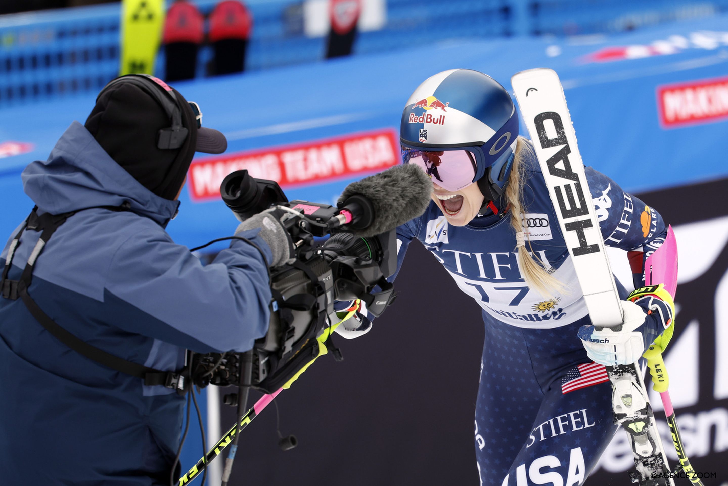 Lindsey Vonn (USA/Head) shows off her delight after skiing into second place on Sunday for her first World Cup podium since 2018. © Agence Zoom