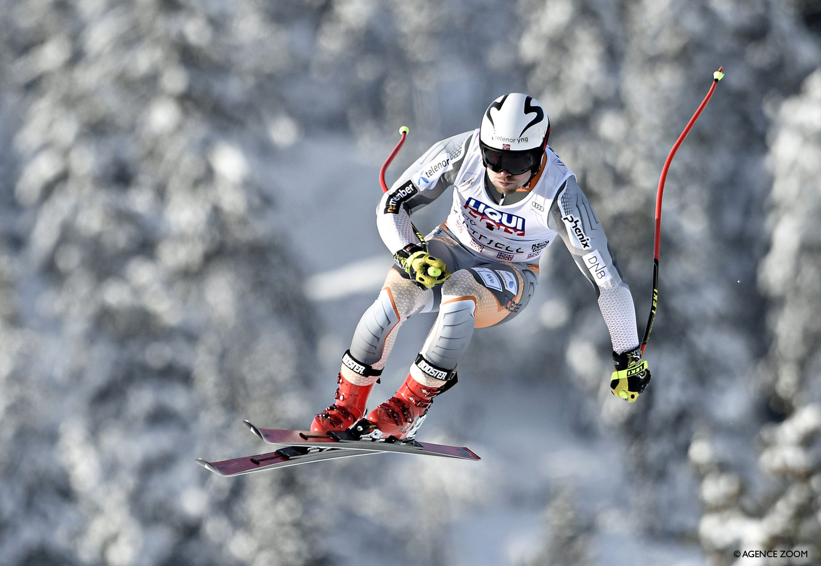 Aleksander Aamodt Kilde (NOR/Atomic) flies through the air in the Kvitfjell Downhill in 2020, the season he won the Overall crystal globe. ©Agence Zoom