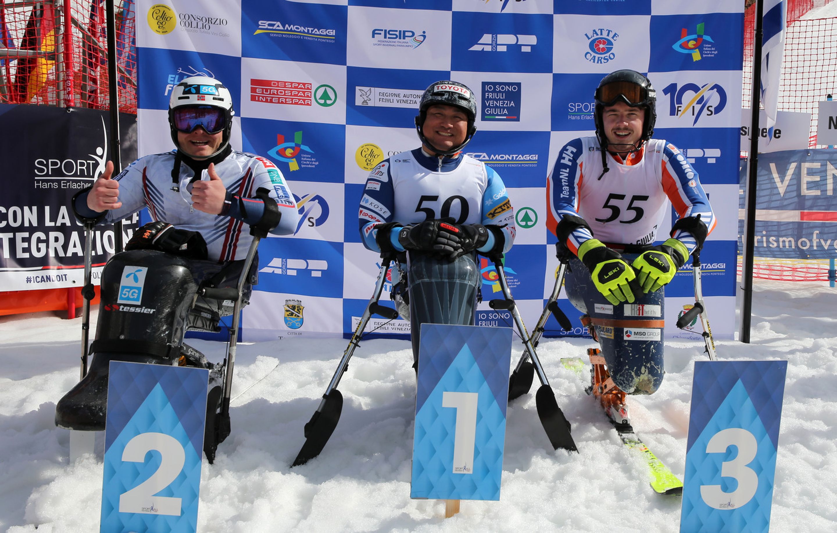 Jesper Pedersen (NOR), Taiki Morii (JPN) and Jeroen Kampschreur (NED) in the finish area at the end of the slalom in Sella Nevea