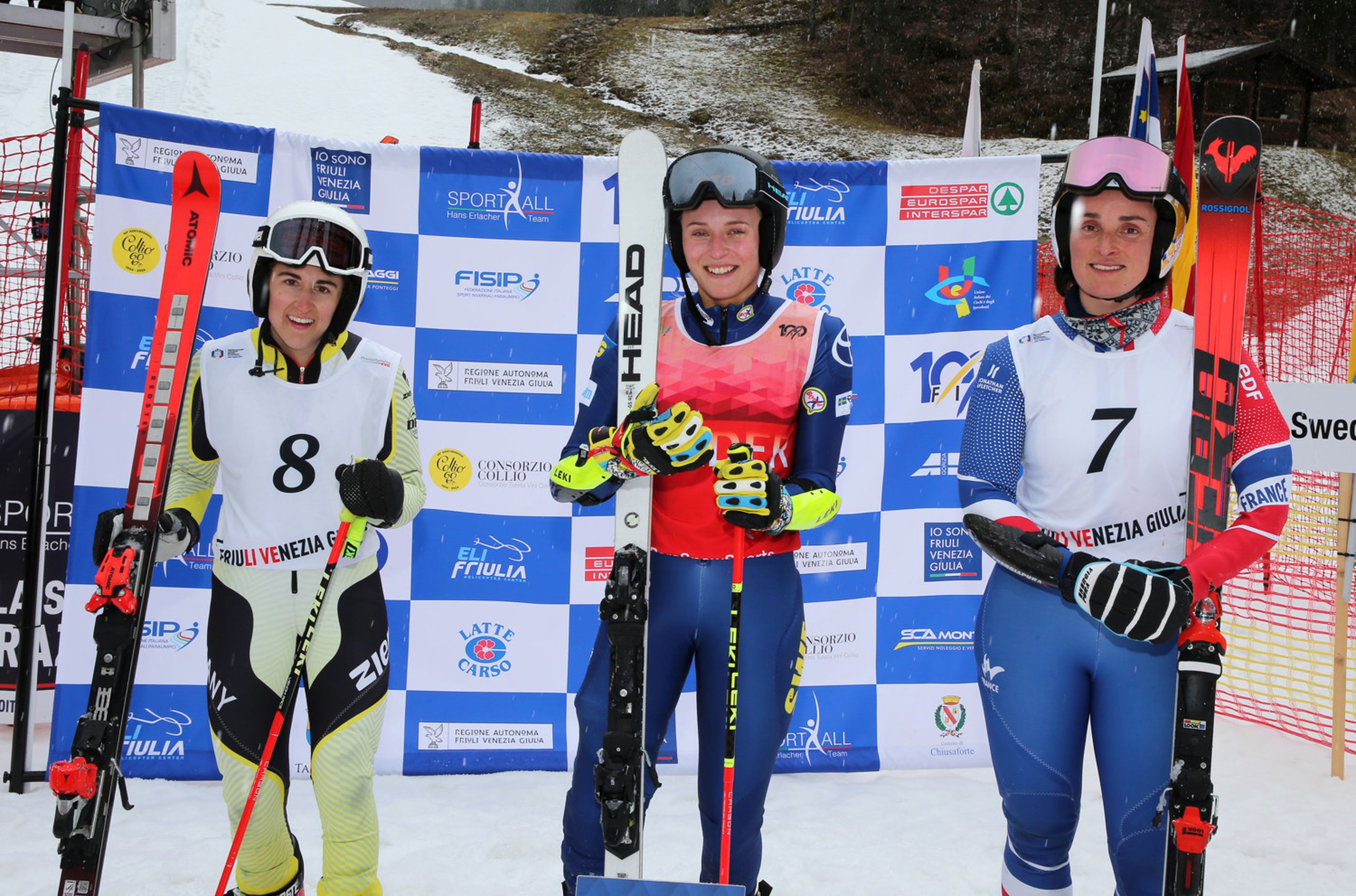 Anna-Maria Rieder (GER), Ebba Aarsjoe (SWE) and Marie Bochet (FRA) in the finish area of the last giant slalom in Sella Nevea