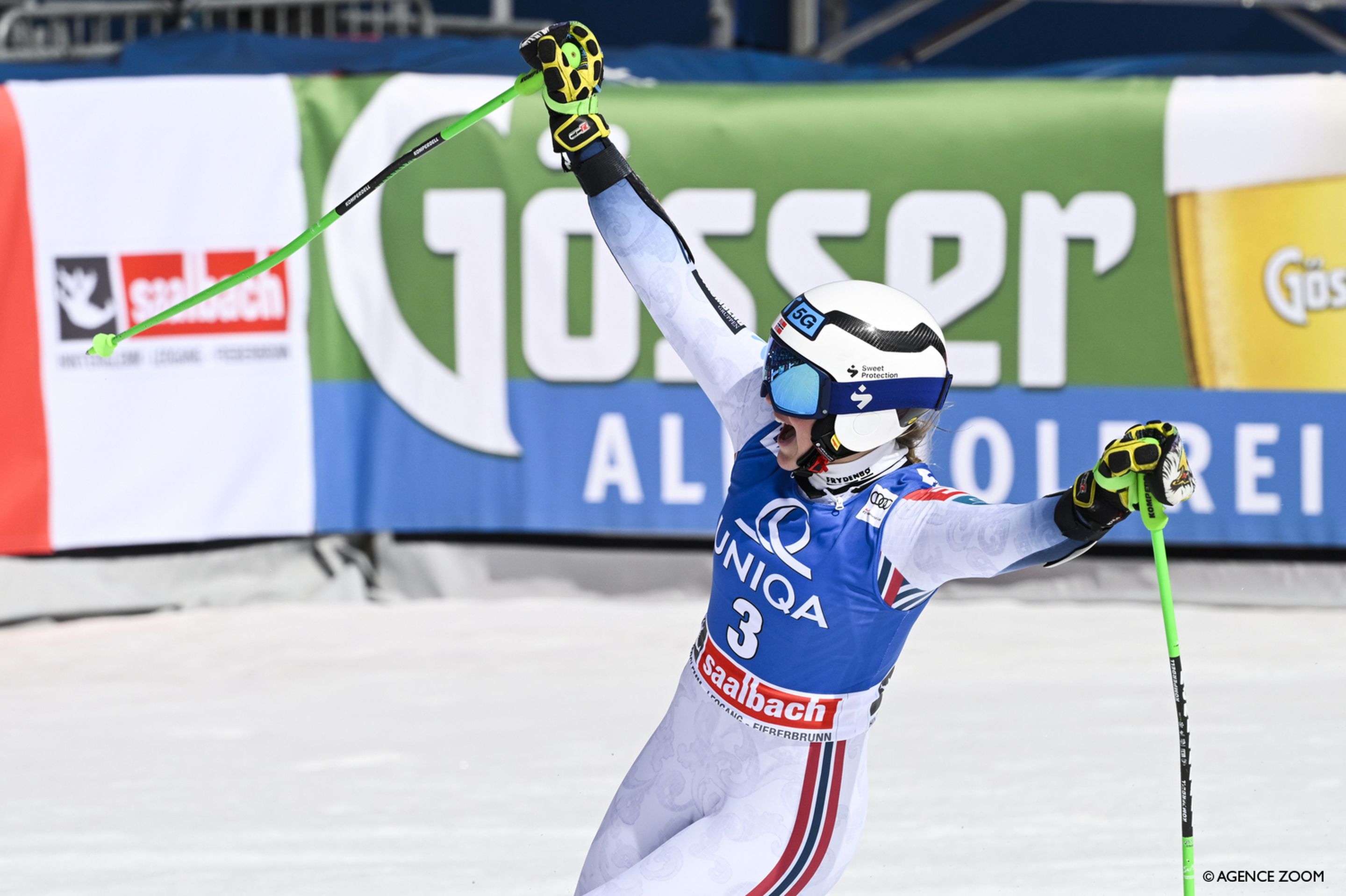Thea Louise Stjernesund (NOR) celebrates finishing third in the GS World Cup FInals