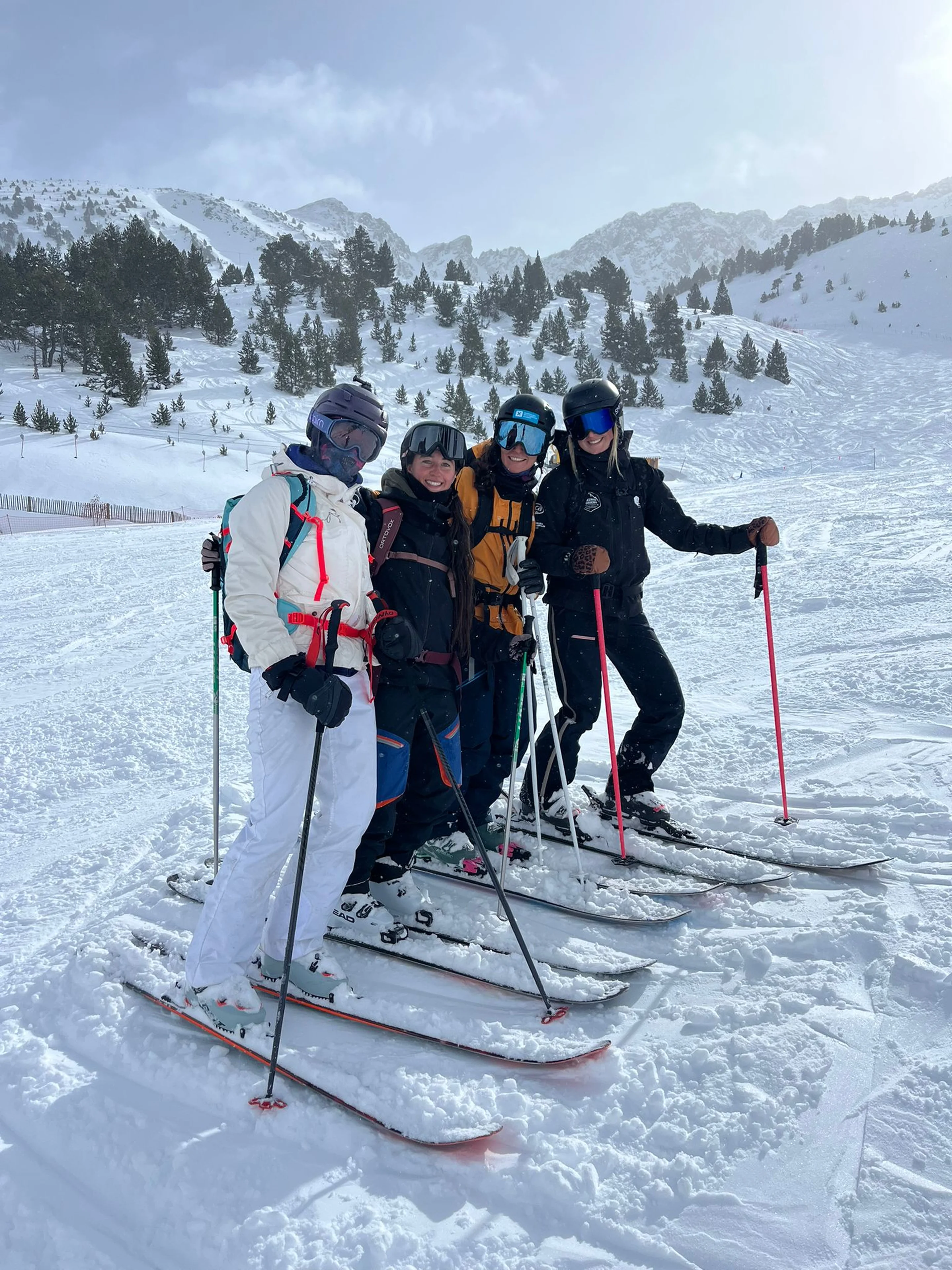Four skiers in colorful gear stand together on a snowy slope, holding poles with a mountainous backdrop under a cloudy sky.