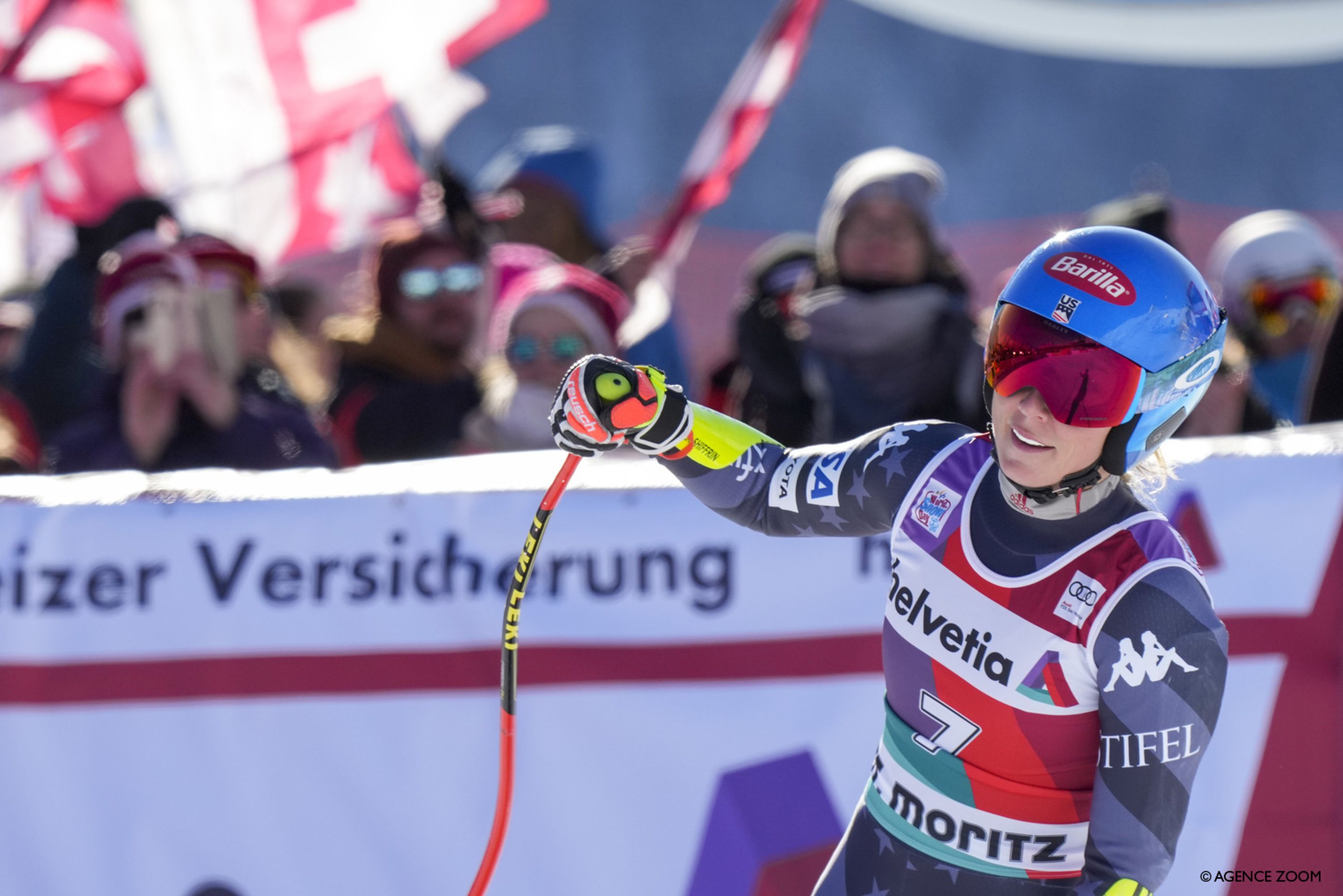 Shiffrin in the finish area on Sunday after taking a lead she would not relinquish (Agence Zoom)