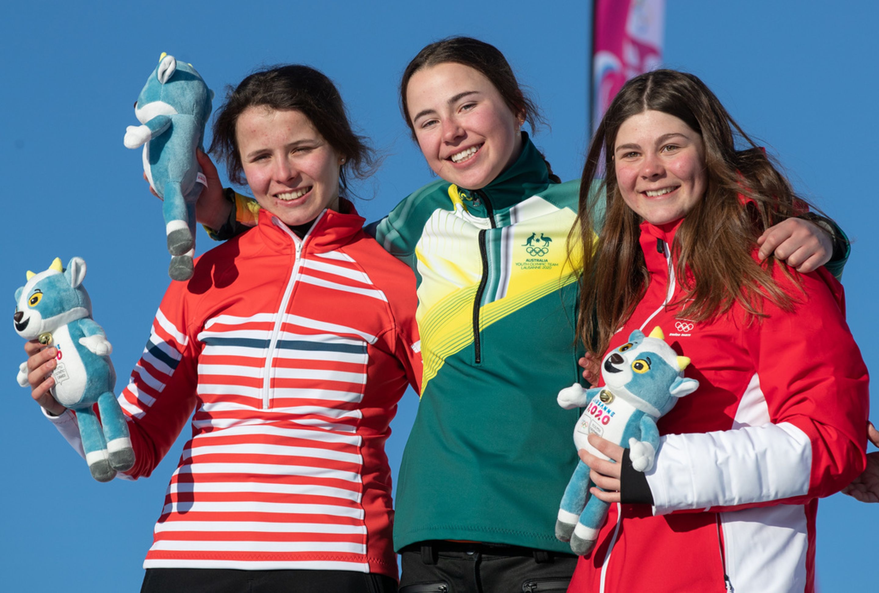 Women's SBX podium: 2nd Margaux Herpin (FRA), 1st Josie Baff (AUS), 3rd Anouk Doerig (SUI) © IOS