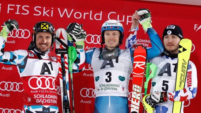 SCHLADMING, AUSTRIA - JANUARY 24: Marcel Hirscher of Austria takes 2nd place, Henrik Kristoffersen of Norway takes 1st place, Alexander Khoroshilov of Russia takes 3rd place during the Audi FIS Alpine Ski World Cup Men's Slalom on January 24, 2017 in Schladming, Austria (Photo by Alain Grosclaude/Agence Zoom)