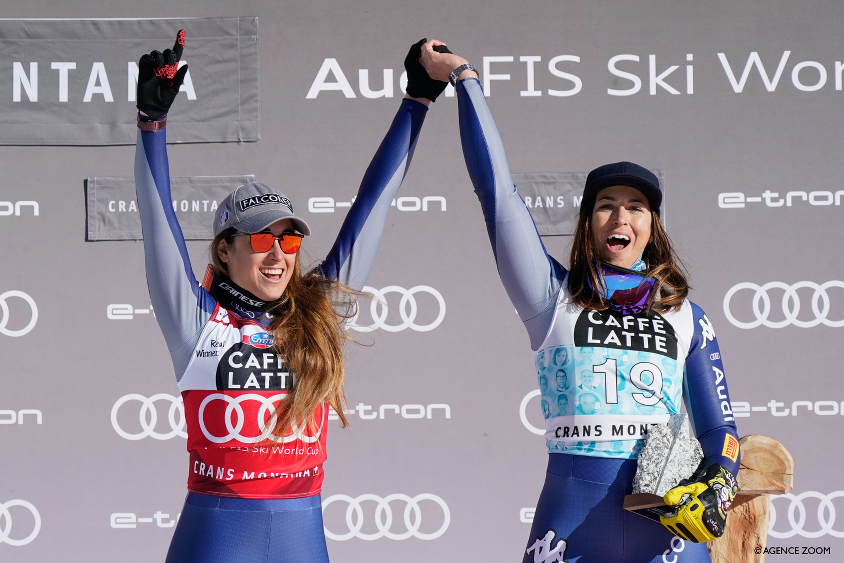 CRANS MONTANA, SWITZERLAND - JANUARY 23: Sofia Goggia of Italy takes 1st place, Elena Curtoni of Italy takes 3rd place during the Audi FIS Alpine Ski World Cup Women's Downhill on January 23, 2021 in Crans Montana Switzerland. (Photo by Francis Bompard/Agence Zoom)