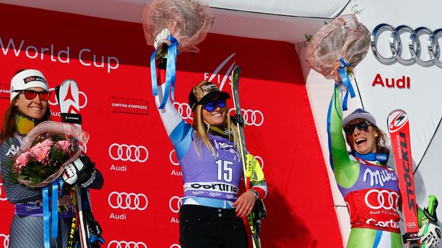 CORTINA D'AMPEZZO, ITALY - JANUARY 28: Sofia Goggia of Italy takes 2nd place, Lara Gut of Switzerland takes 1st place, Ilka Stuhec of Slovenia takes 3rd place during the Audi FIS Alpine Ski World Cup Women's Downhill on January 28, 2017 in Cortina d'Ampezzo, Italy (Photo by Christophe Pallot/Agence Zoom)