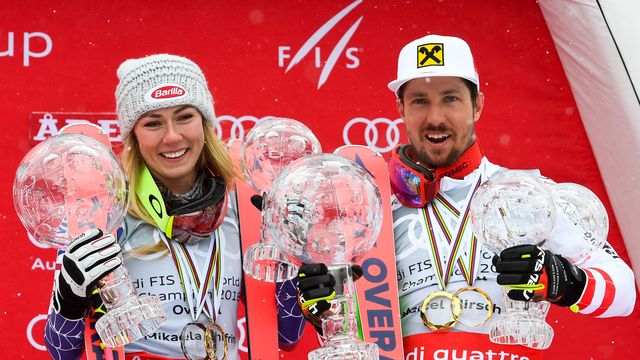 ARE, SWEDEN - MARCH 18: Mikaela Shiffrin of USA wins the globe in the overall standings, Marcel Hirscher of Austria wins the globe in the overall standings during the Audi FIS Alpine Ski World Cup Finals Women's Giant Slalom on March 18, 2018 in Are, Sweden. (Photo by Alain Grosclaude/Agence Zoom)