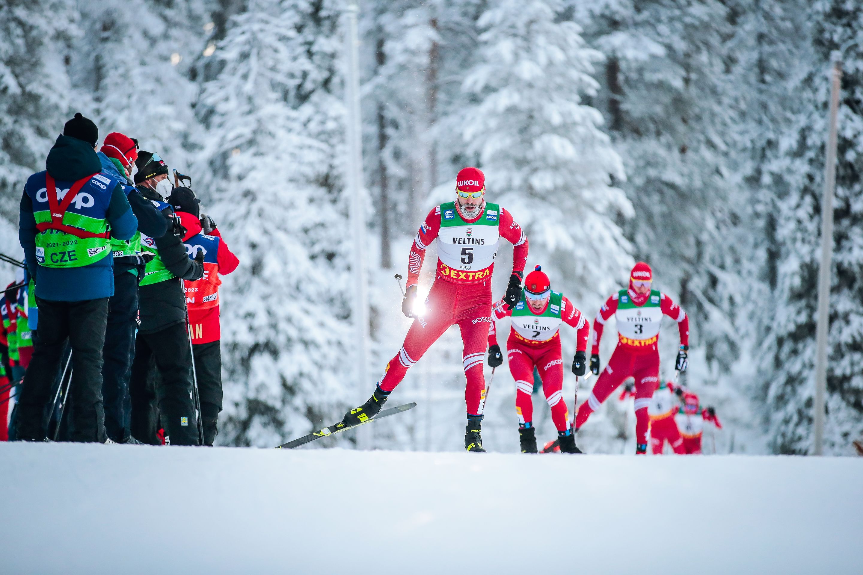 28.11.2021, Ruka, Finland (FIN):
Sergey Ustiugov (RUS), Alexey Chervotkin (RUS), Alexander Bolshunov (RUS), (l-r)  - FIS world cup cross-country, pursuit men, Ruka (FIN). www.nordicfocus.com. © Modica/NordicFocus. Every downloaded picture is fee-liable.