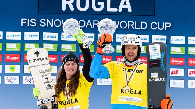 Ramona Theresia Hofmeister and Roland Fischnaller take PGS overall titles © Miha Matavz/FIS