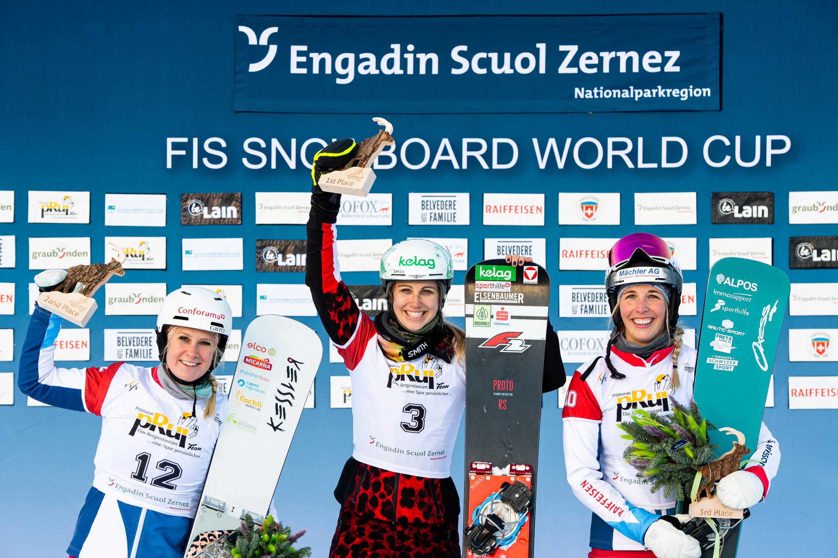 FIS Snowboard World Cup - Scuol SUI - PGS - Women's podium with 2nd ZOGG Julie SUI, 1st SCHOEFFMANN Sabine AUT, 3rd JENNY Ladina SUI © Miha Matavz/FIS