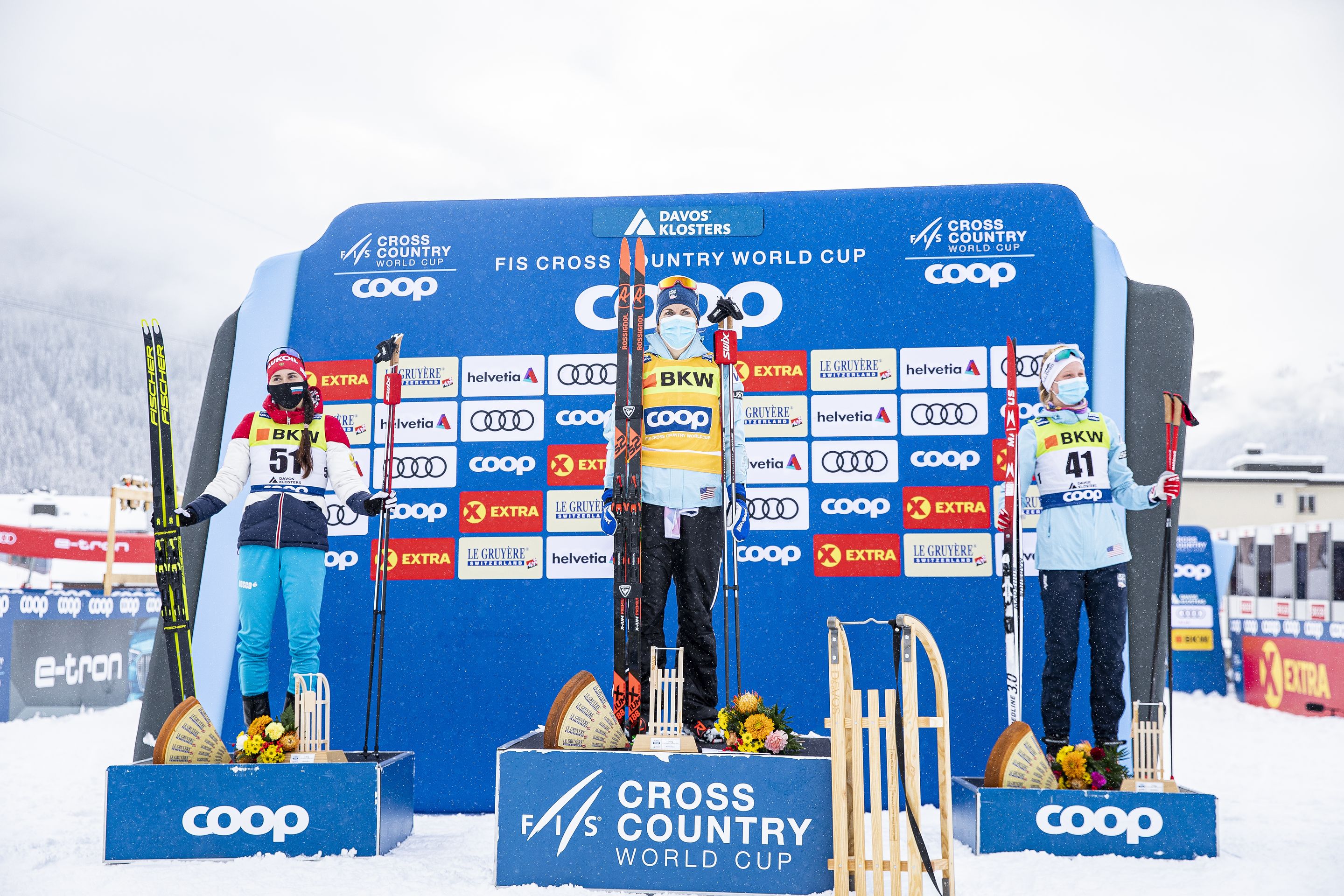 Hailey Swirbul (r.) on her first World Cup podium - alongside her team colleague Rosie Brennan | Image by Nordic Focus