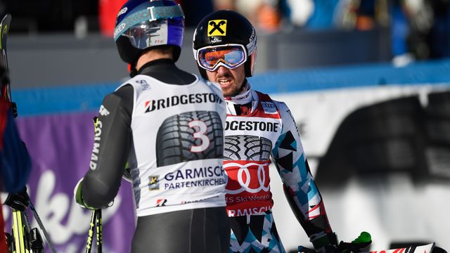 GARMISCH-PARTENKIRCHEN, GERMANY - JANUARY 29: Marcel Hirscher of Austria takes 1st place, Alexis Pinturault of France during the Audi FIS Alpine Ski World Cup Men's Giant Slalom on January 29, 2017 in Garmisch-Partenkirchen, Germany (Photo by Alain Grosclaude/Agence Zoom)