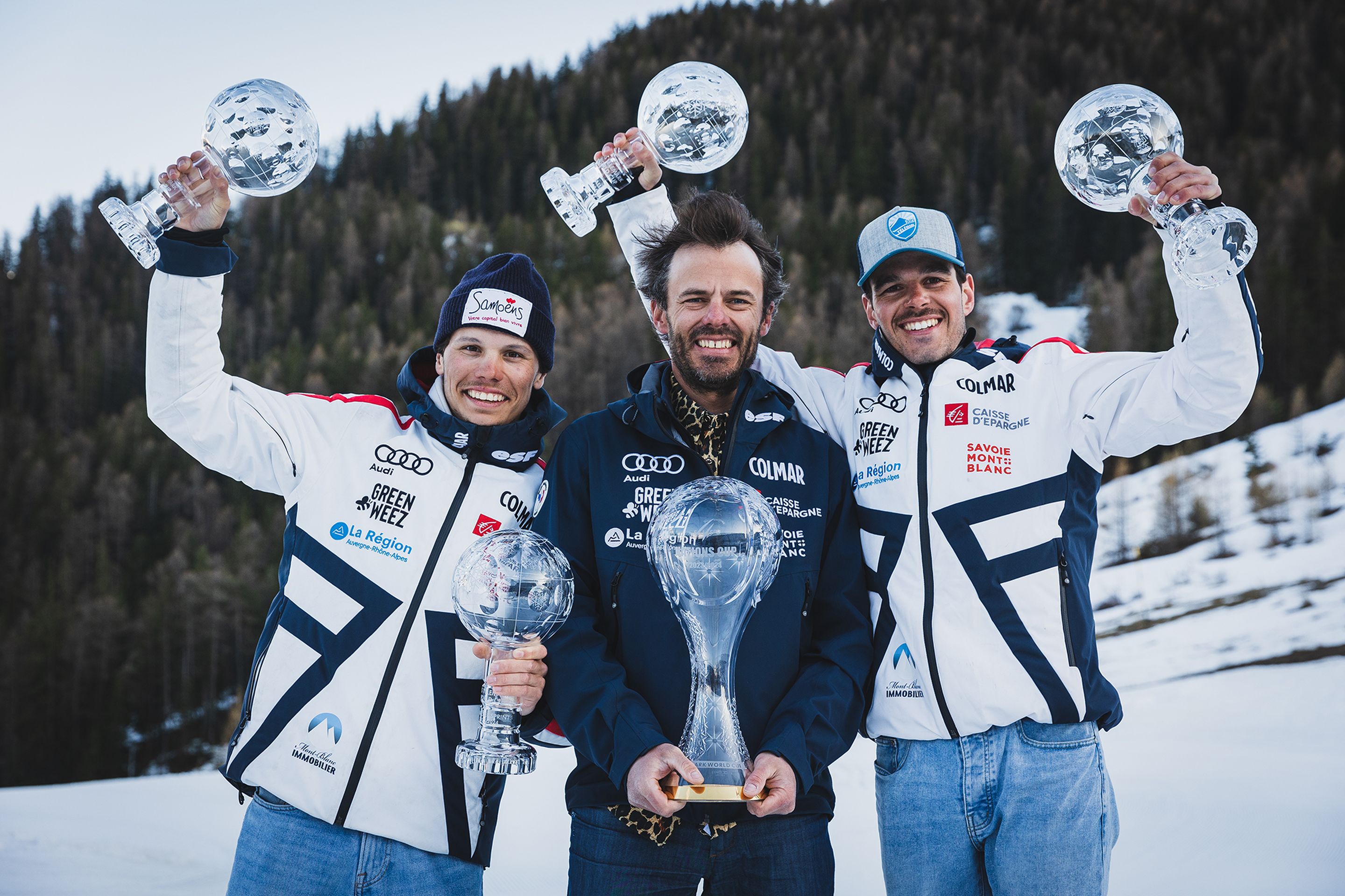 Noé Claye (FRA), Antoine Bouvier, French Team's coach and Elie Nabot (FRA) lifting five crystal globes